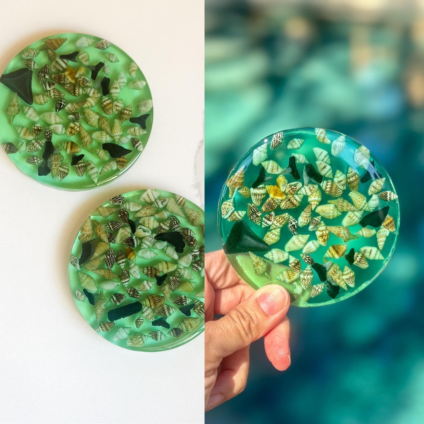 Resin Coaster Set of Two With Shells and Shark teeth- Beach House Decor