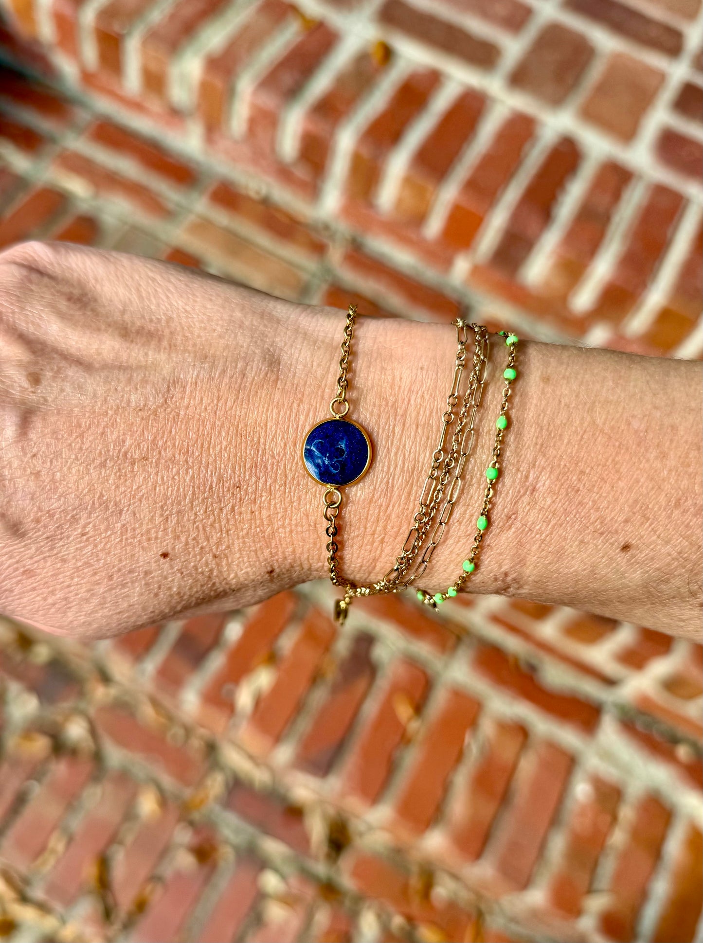 Gold Stainless Steel Bracelet Chain with Blue Resin Bezel