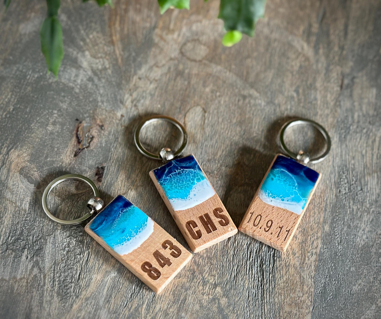 Personalized Wooden Keychain with Resin Waves