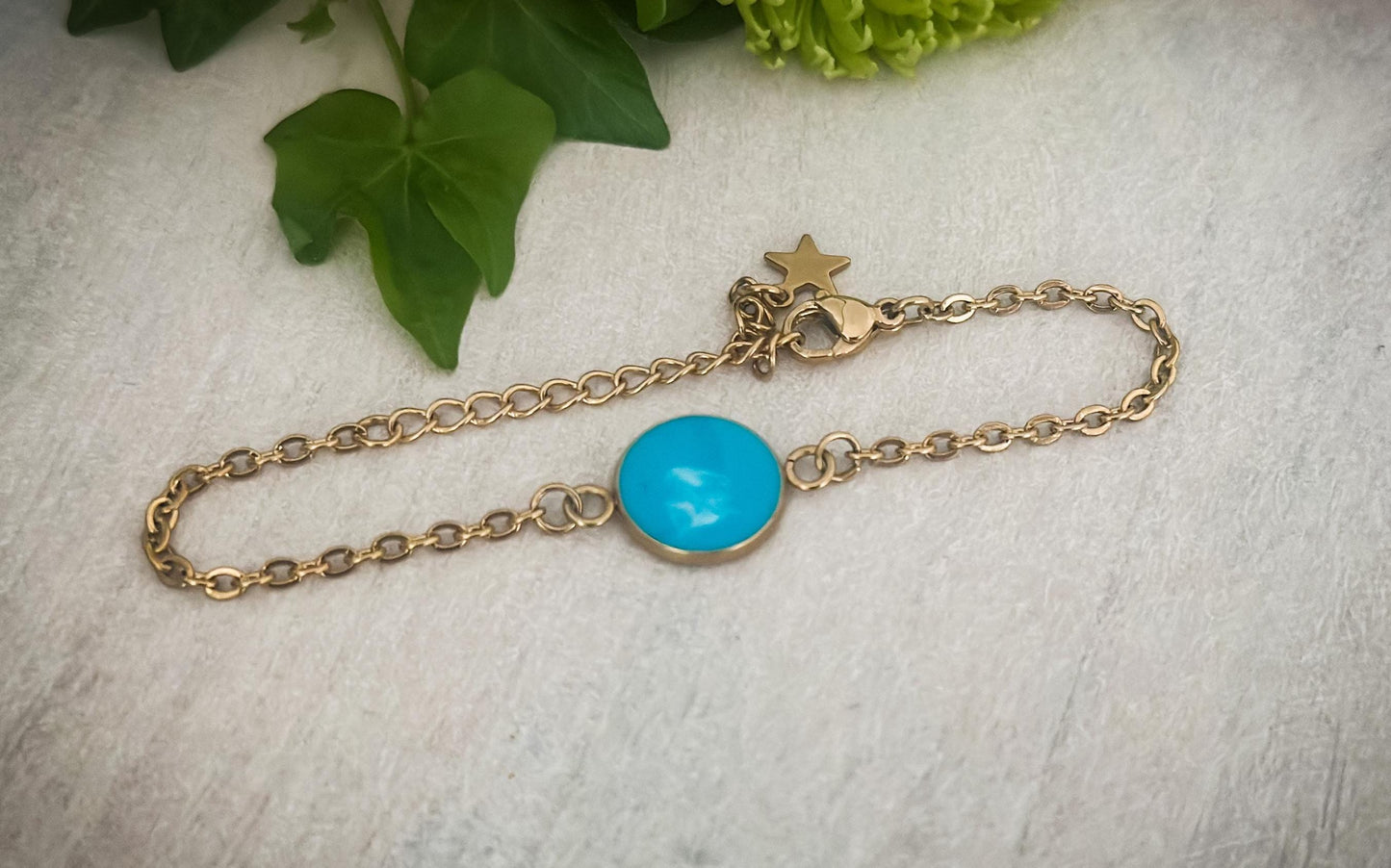 Engraved Gold Stainless Steel Bracelet: Teal Resin Bezel, Custom Date