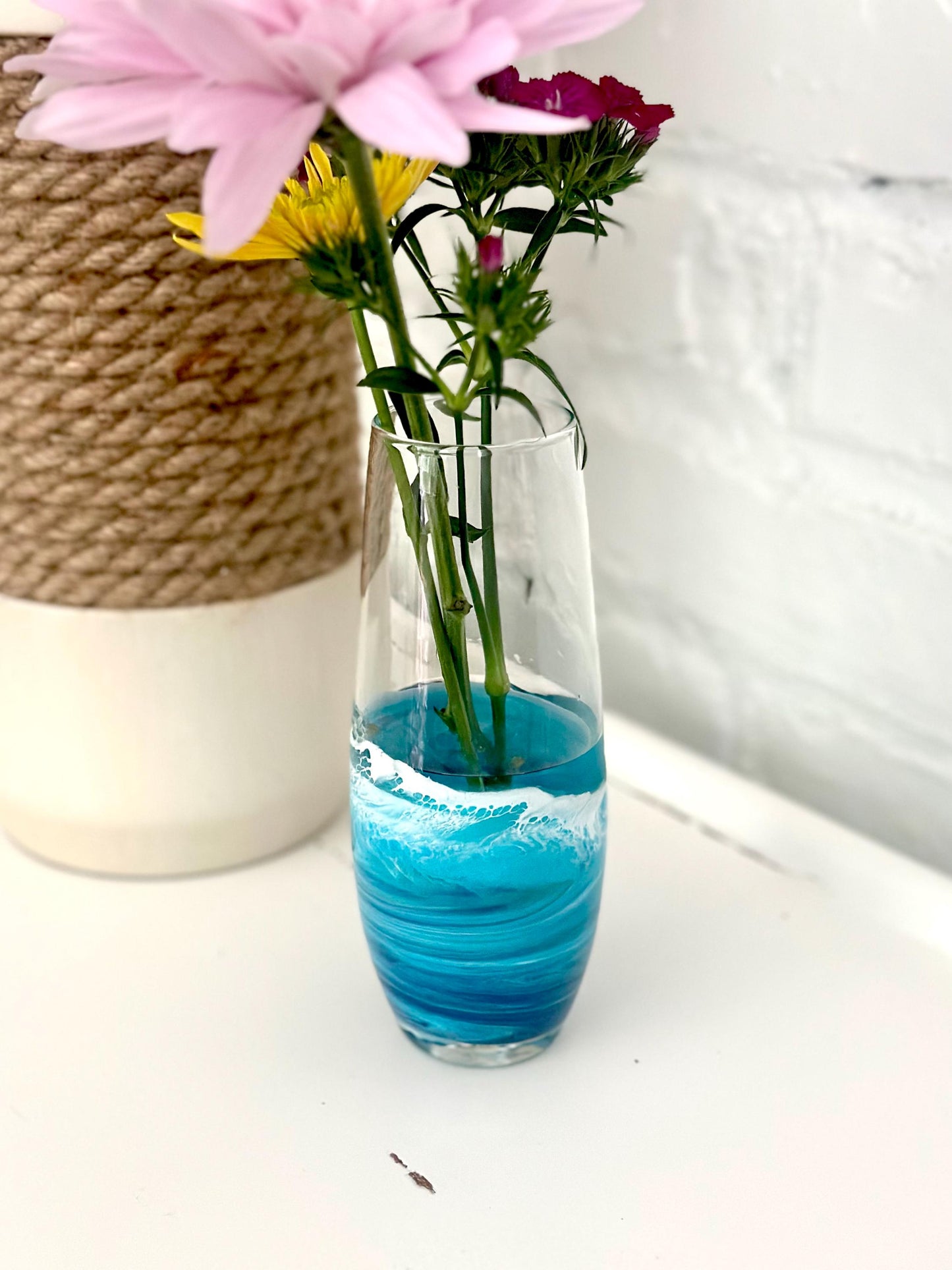 Blue Resin Wave Vase: Coastal Nautical Home Decor, 6-inch Glass Bud Vase
