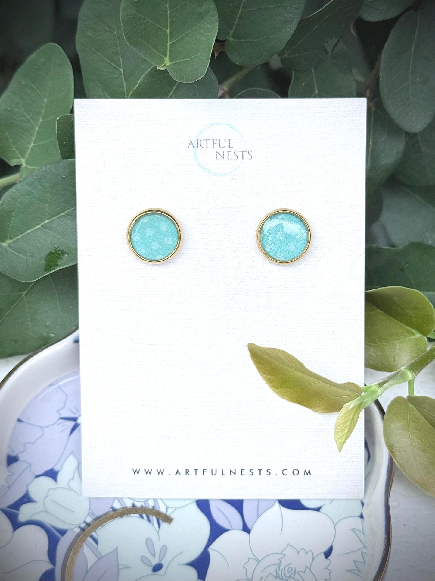 Blue Polka Dot Resin Earrings: Gold Stainless Steel Studs, Handmade