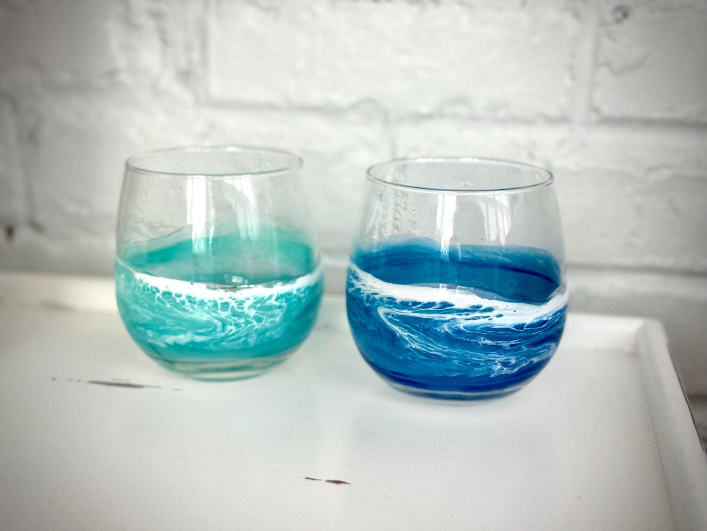 Red Wine Glass with Resin Waves - Coastal Beach House Drinkware - Beach Wedding Gift