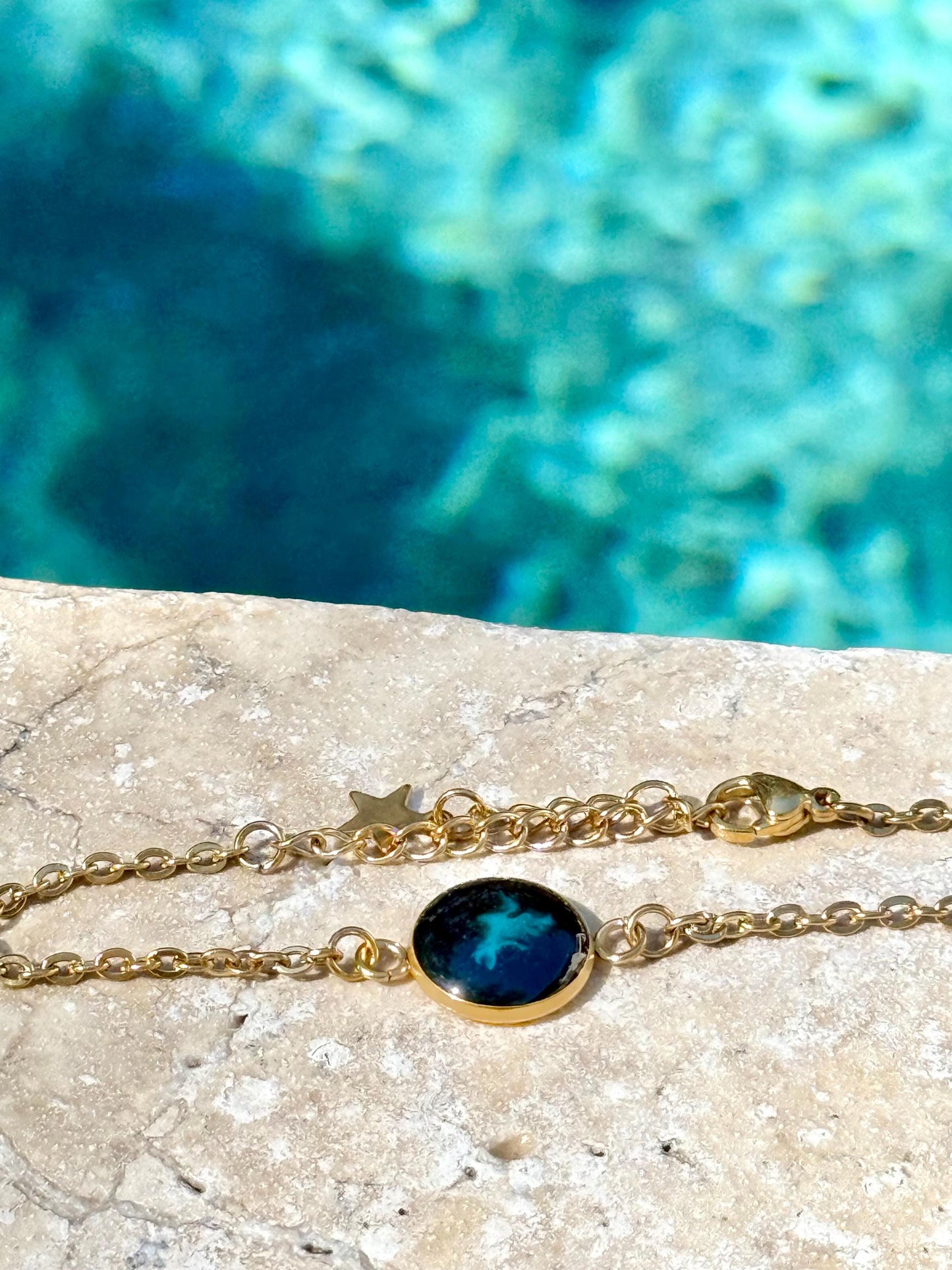 Gold Stainless Steel Bracelet Chain with Emerald Green Resin Bezel - Gold Jewelry- Gift for Her