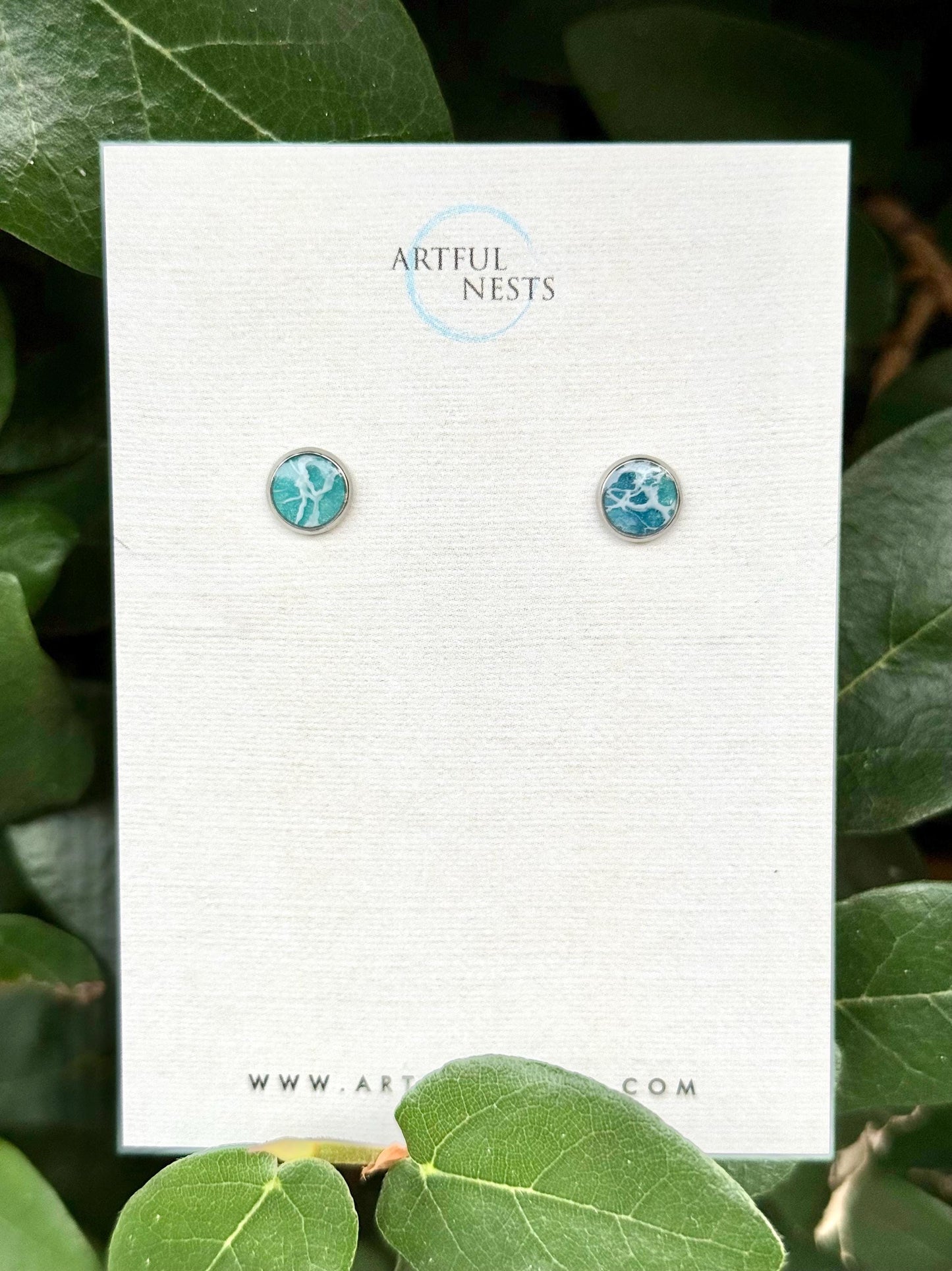 Ocean Wave Resin Stud Earrings | 6mm Blue Teal | Silver Stainless Steel