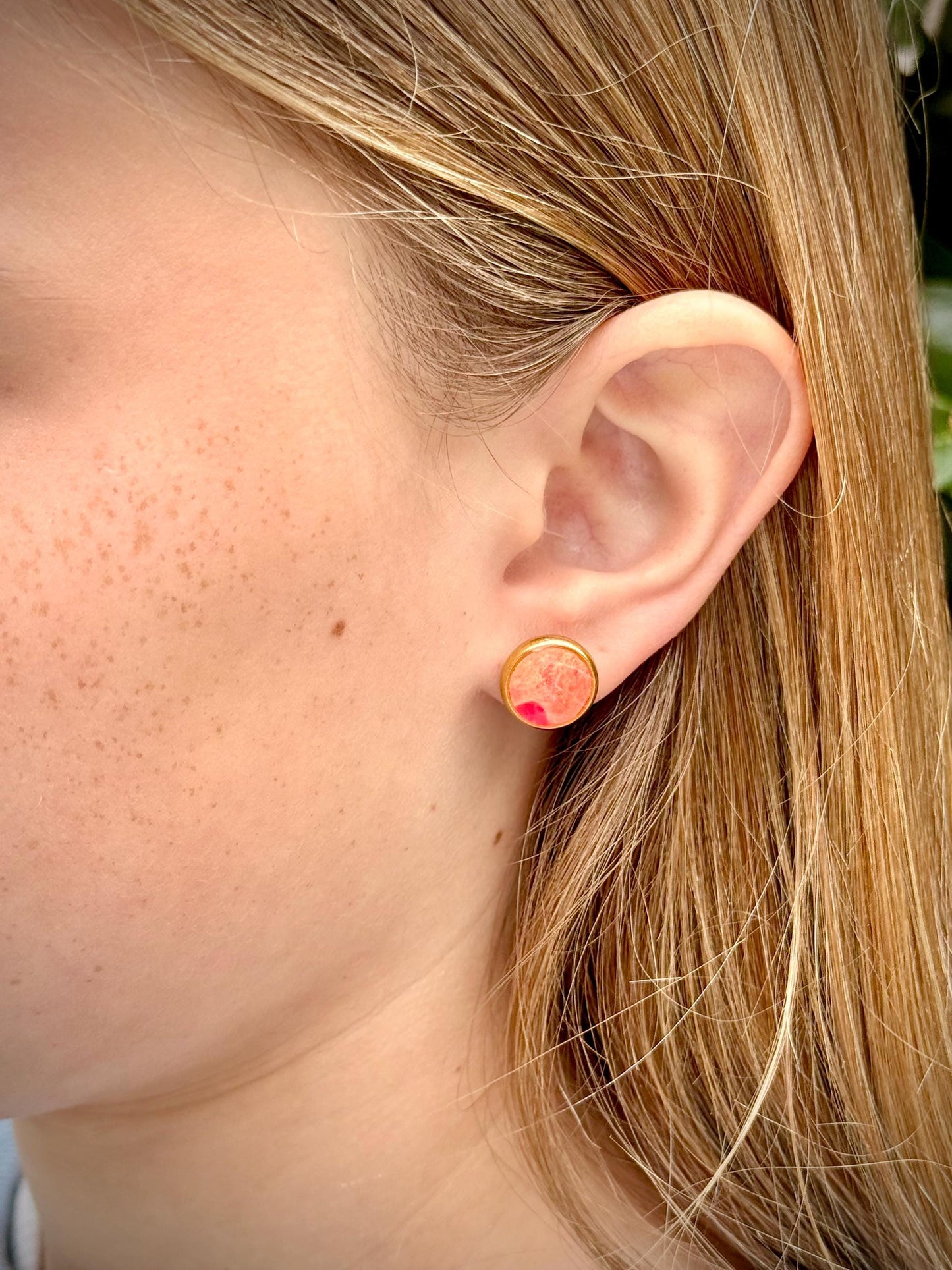 Pink Orange Resin Stud Earrings | Gold Stainless Steel, Hypoallergenic