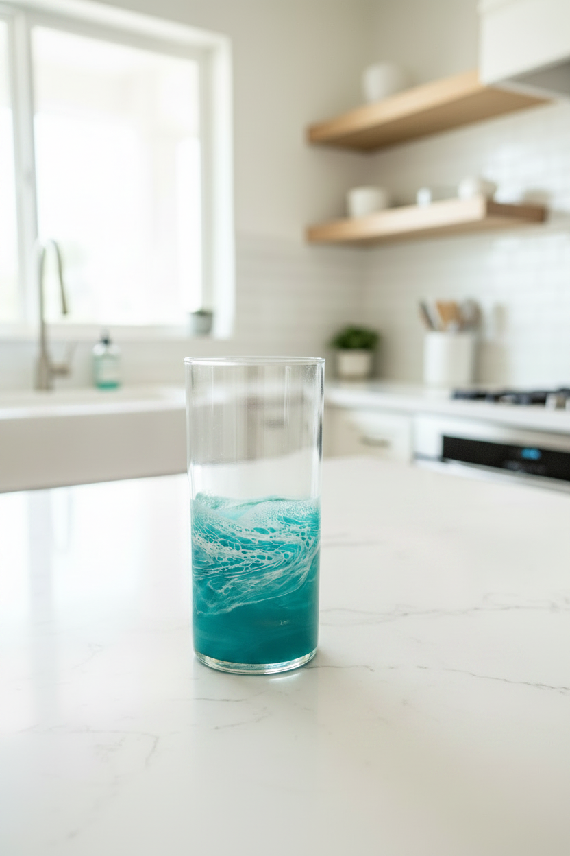 16 oz glass tumbler with teal resin waves on white marble countertop