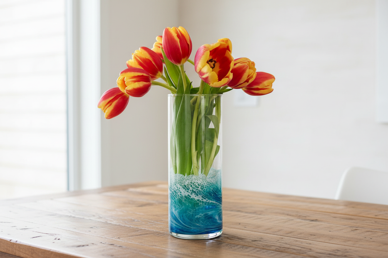 Ocean Wave Vase - Tulips on Rustic Table