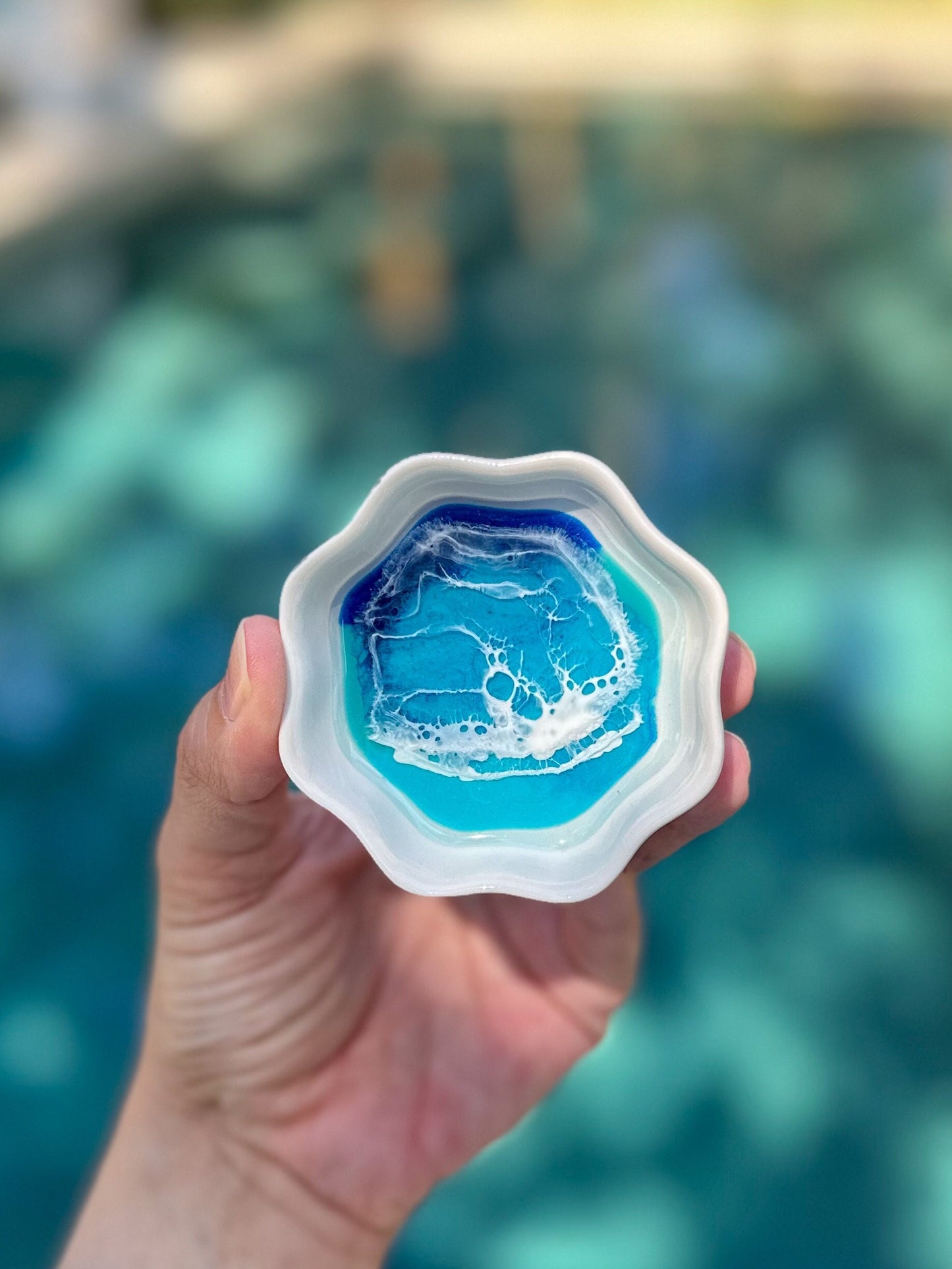 Flower Shaped Ceramic Ring Dish with Resin Waves
