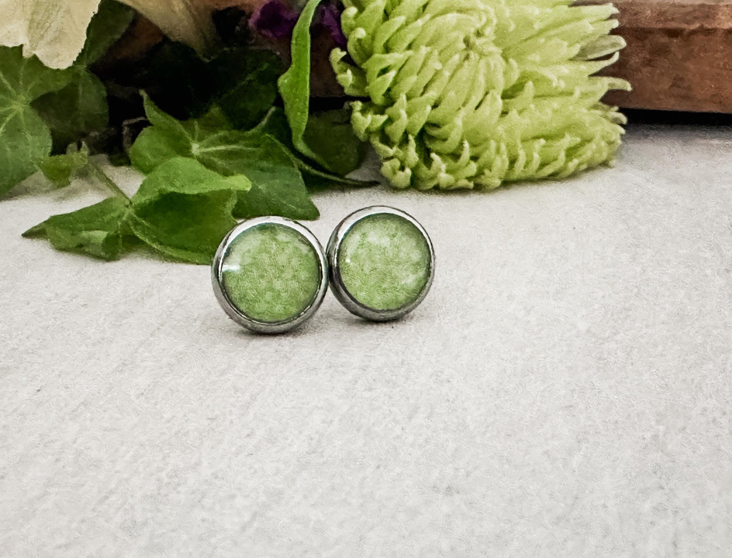 Green Resin Stud Earrings 8mm Surgical Stainless Steel