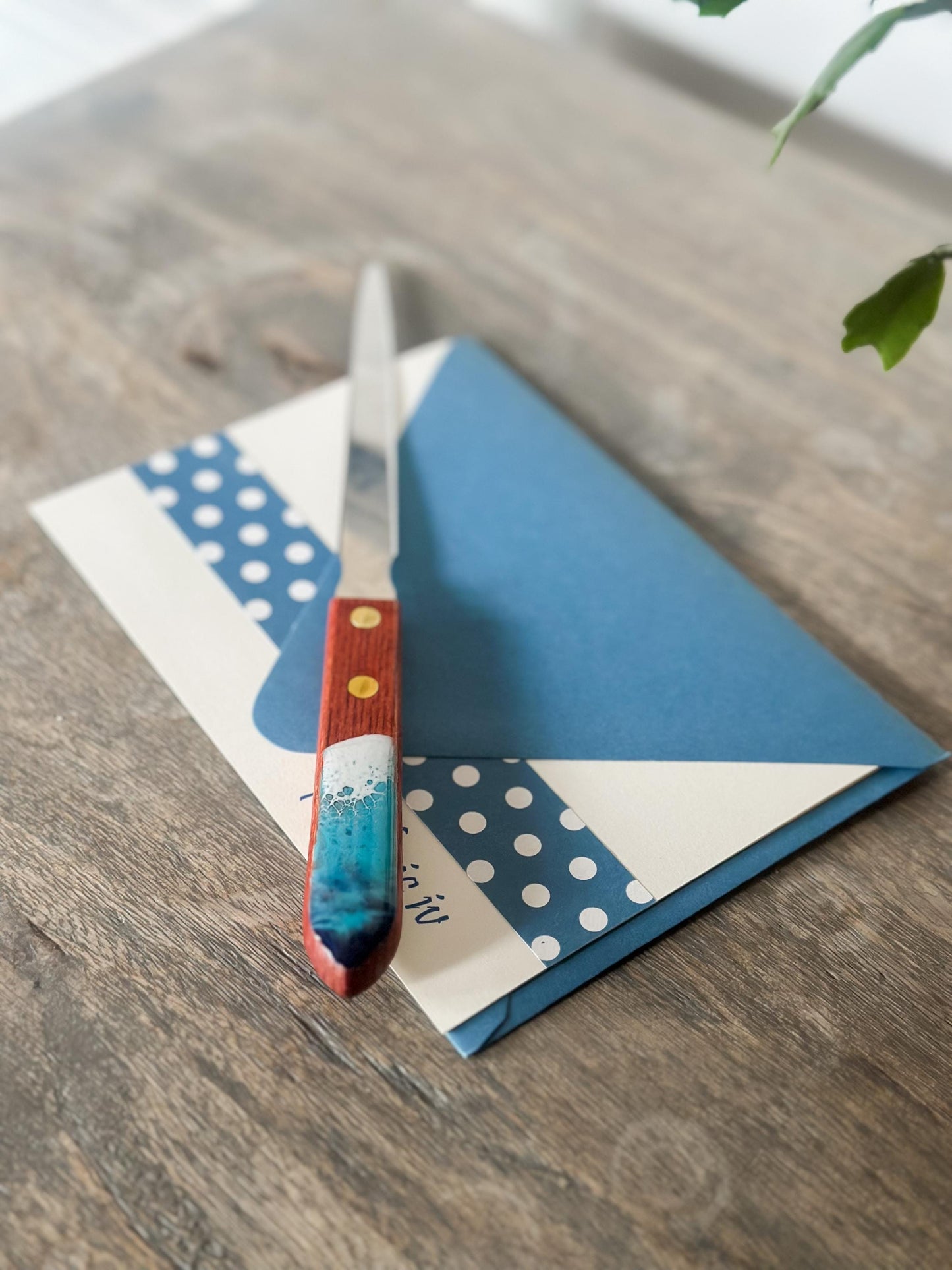 Stainless Steel Letter Opener with Resin Wave Wooden Handle