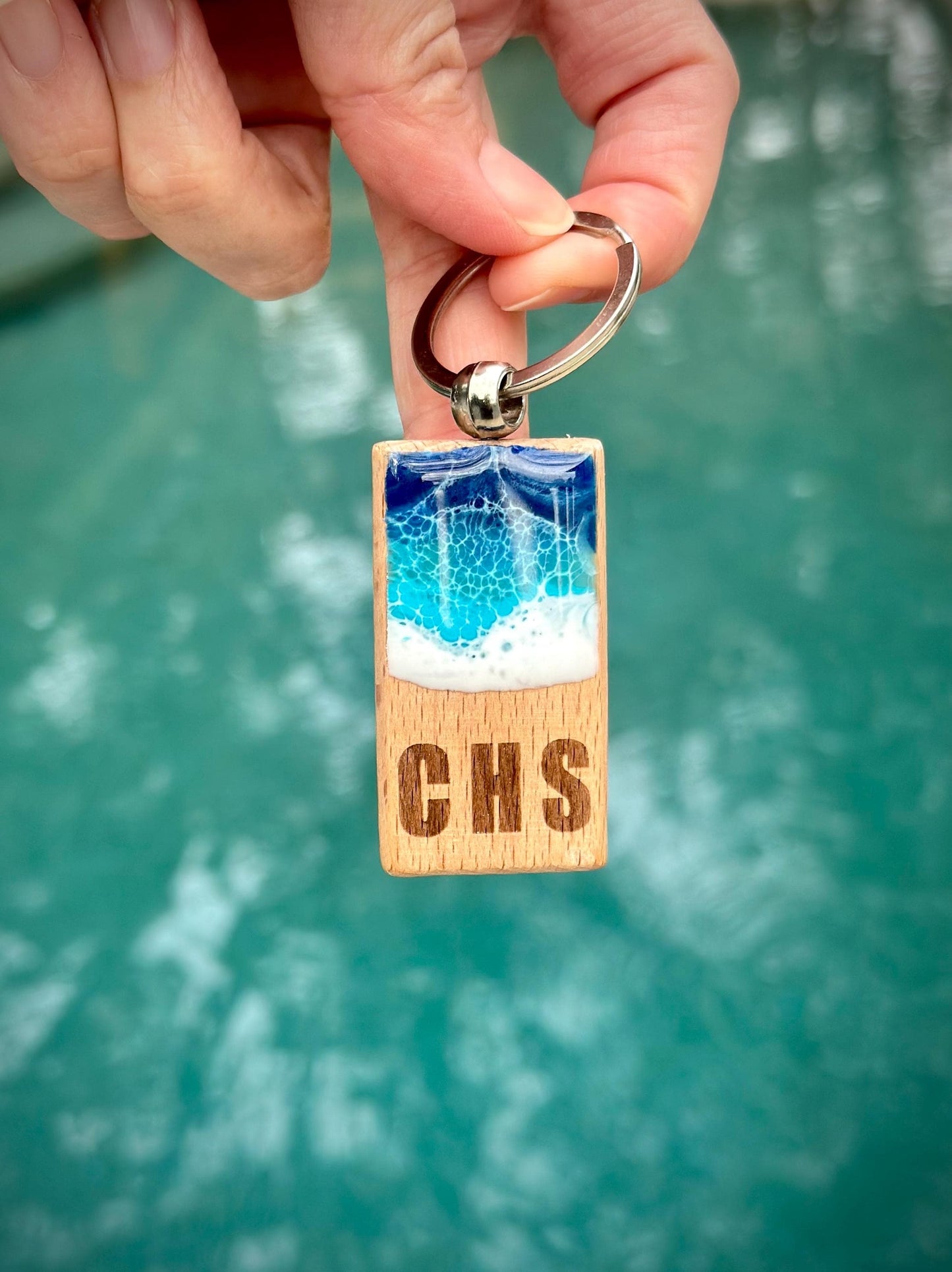 Personalized Wooden Keychain with Resin Waves