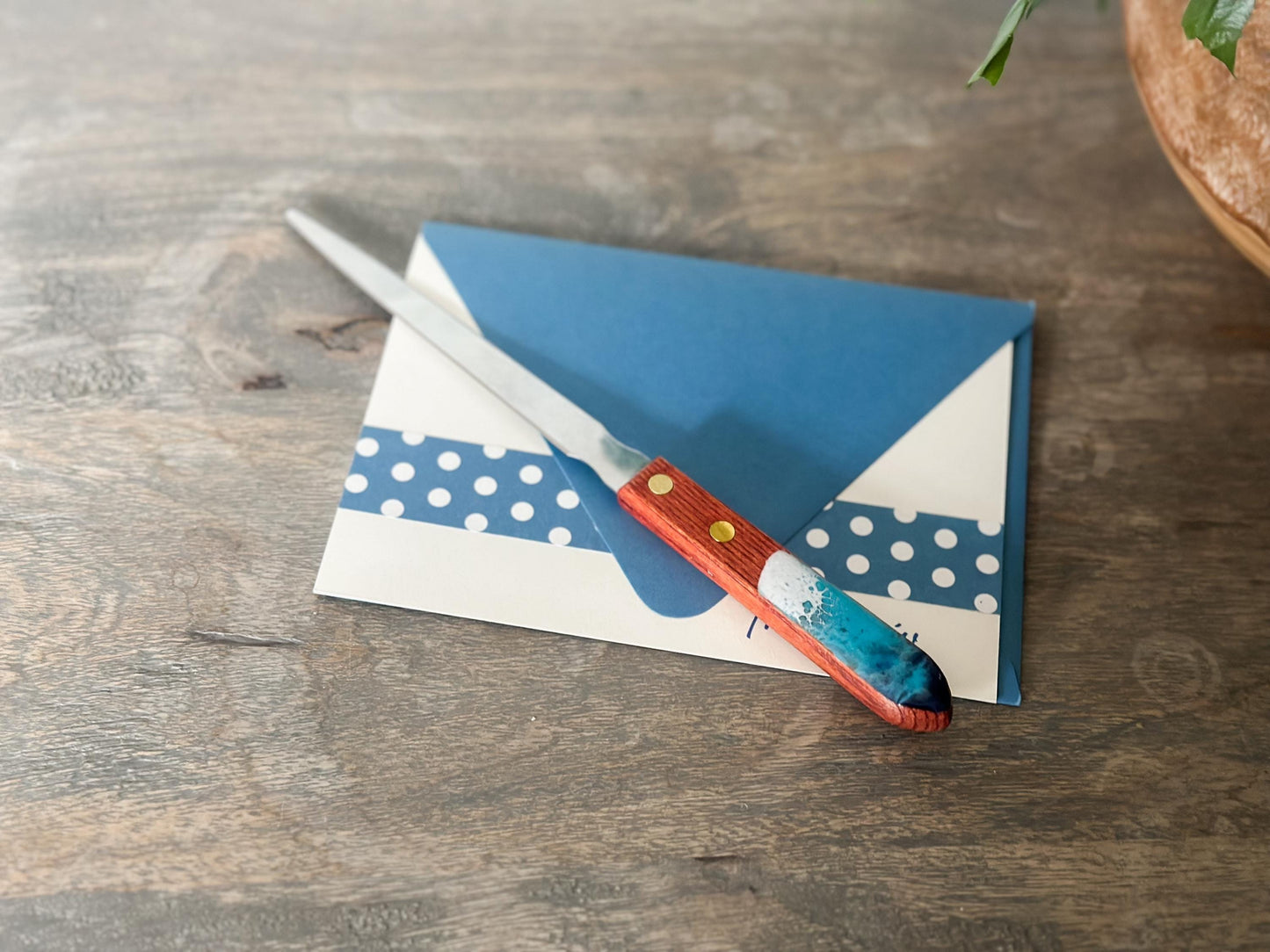 Stainless Steel Letter Opener with Resin Wave Wooden Handle