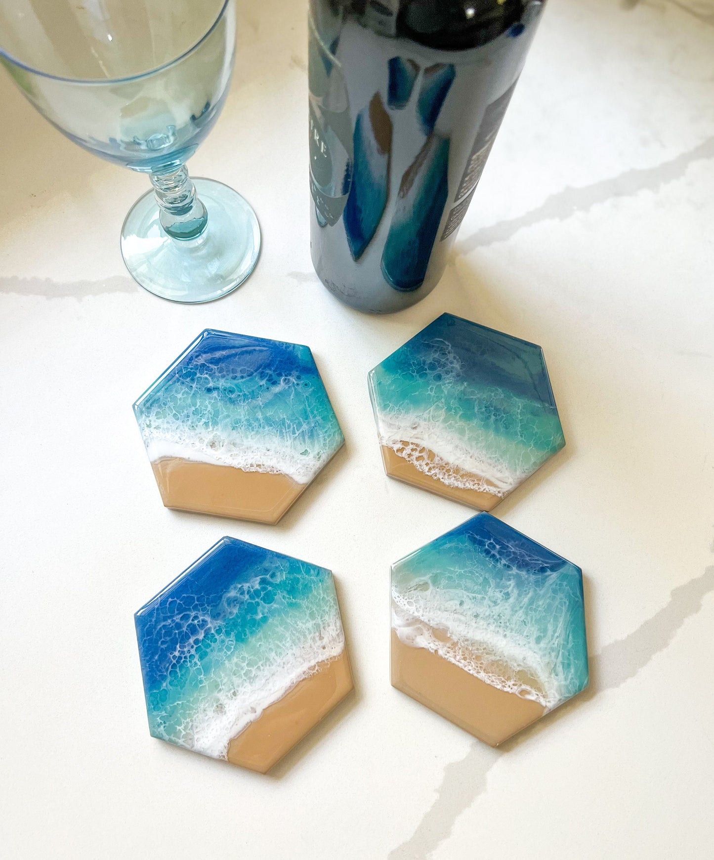 Resin Ocean Waves Ceramic Coasters - Hexagon