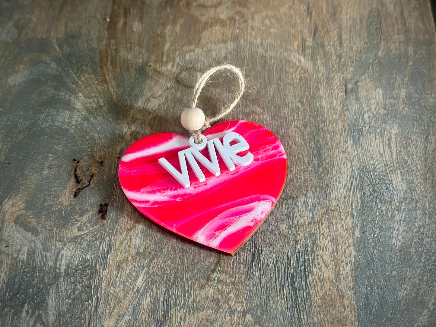 Personalized Valentines Day Basket Tag - Pink Resin Heart Tag with Name - Epoxy Resin Gift - Beach Inspired Wedding Guest Gift - Heart