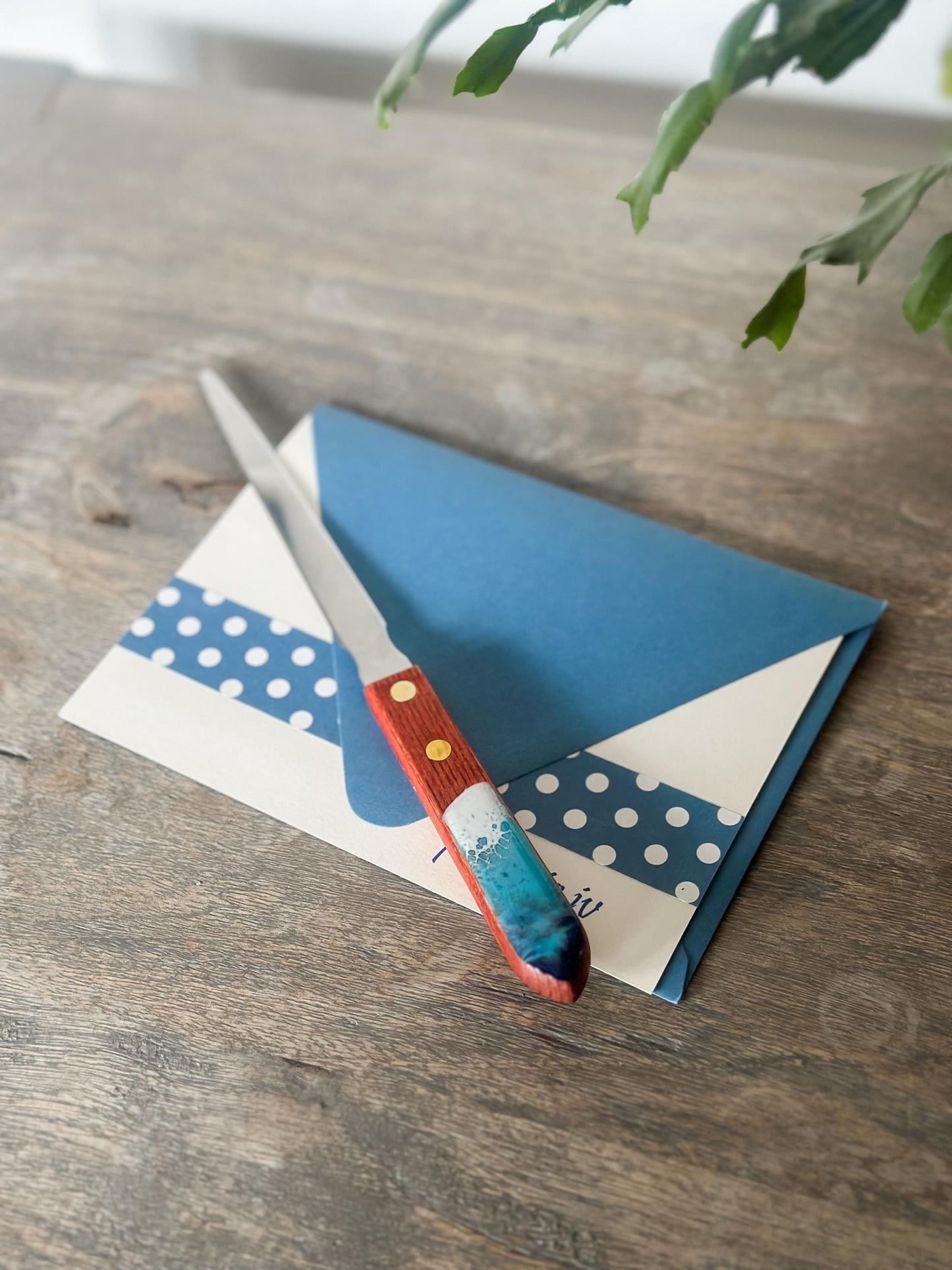 Stainless Steel Letter Opener with Resin Wave Wooden Handle