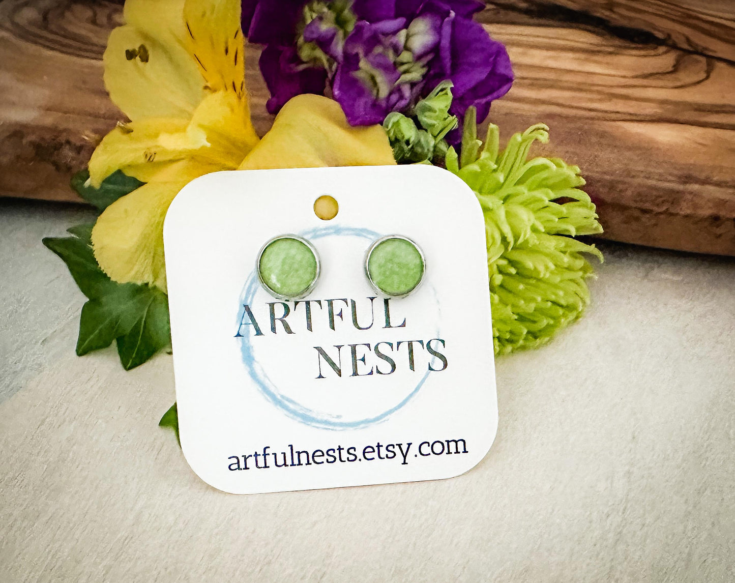 Green Resin Stud Earrings 8mm Surgical Stainless Steel