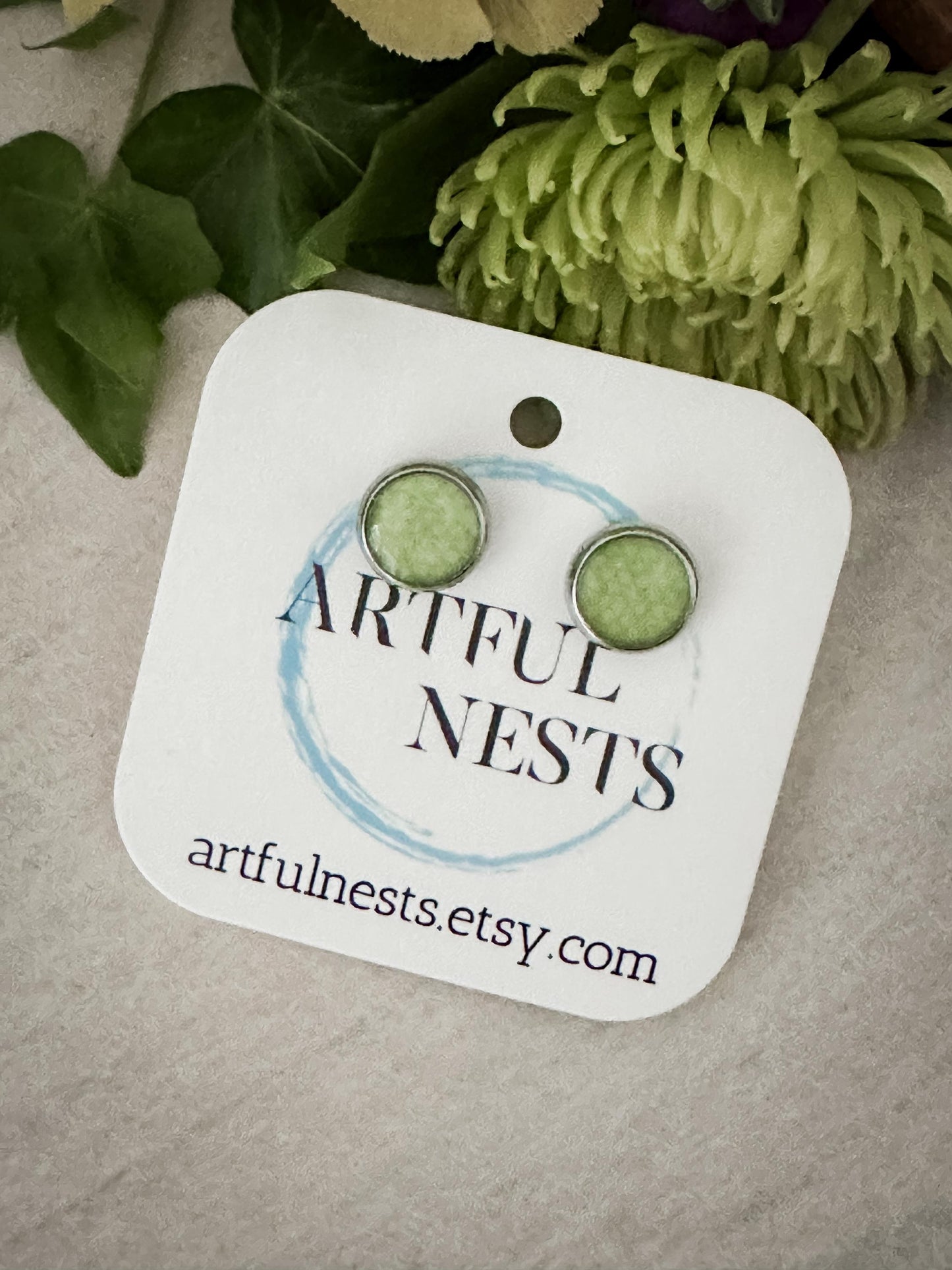 Green Resin Stud Earrings 8mm Surgical Stainless Steel