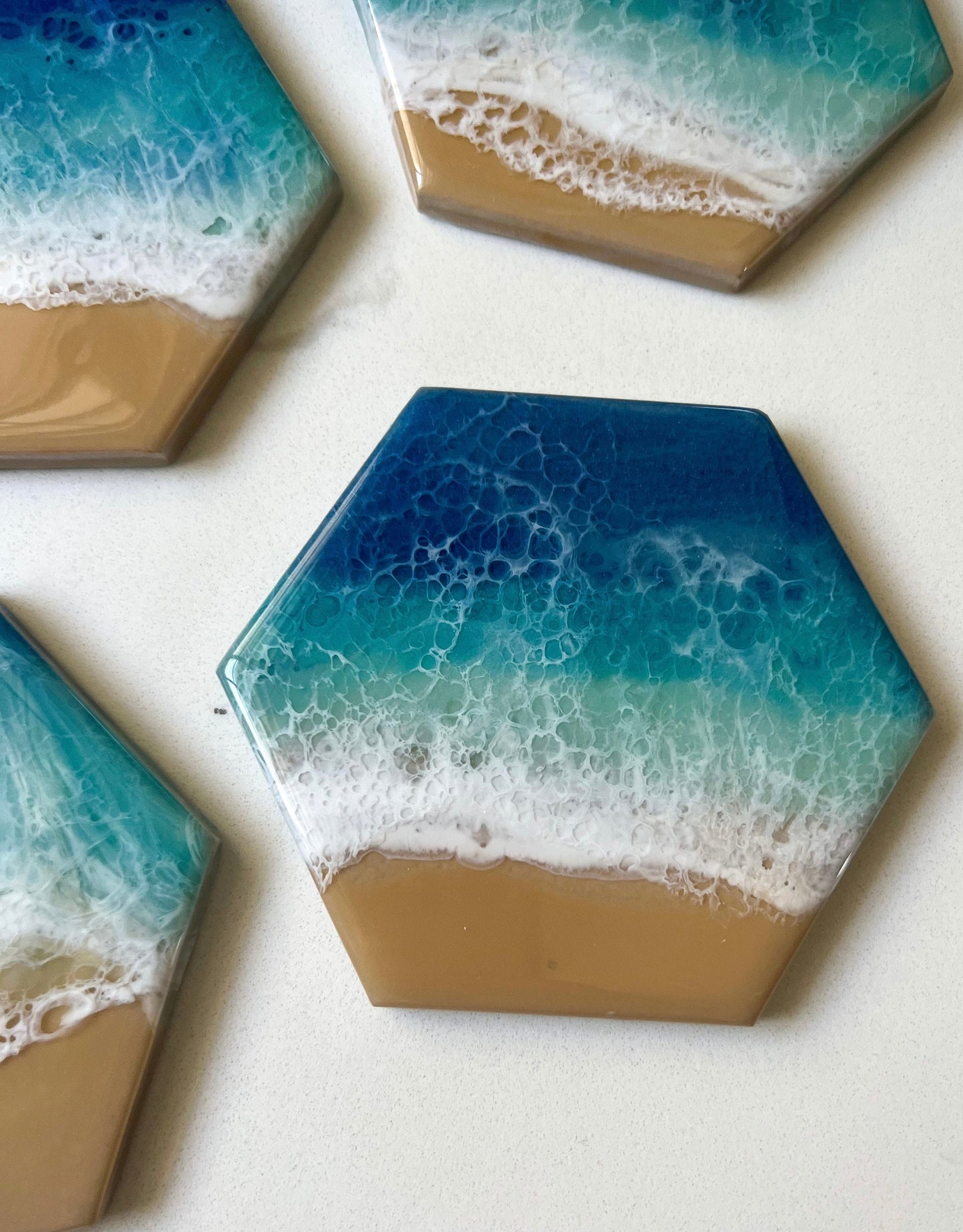 Resin Ocean Waves Ceramic Coasters - Hexagon