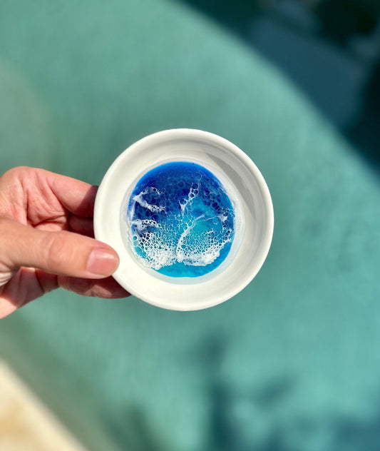 Ocean Inspired Trinket Dish - Ceramic Ring Dish with Resin Waves