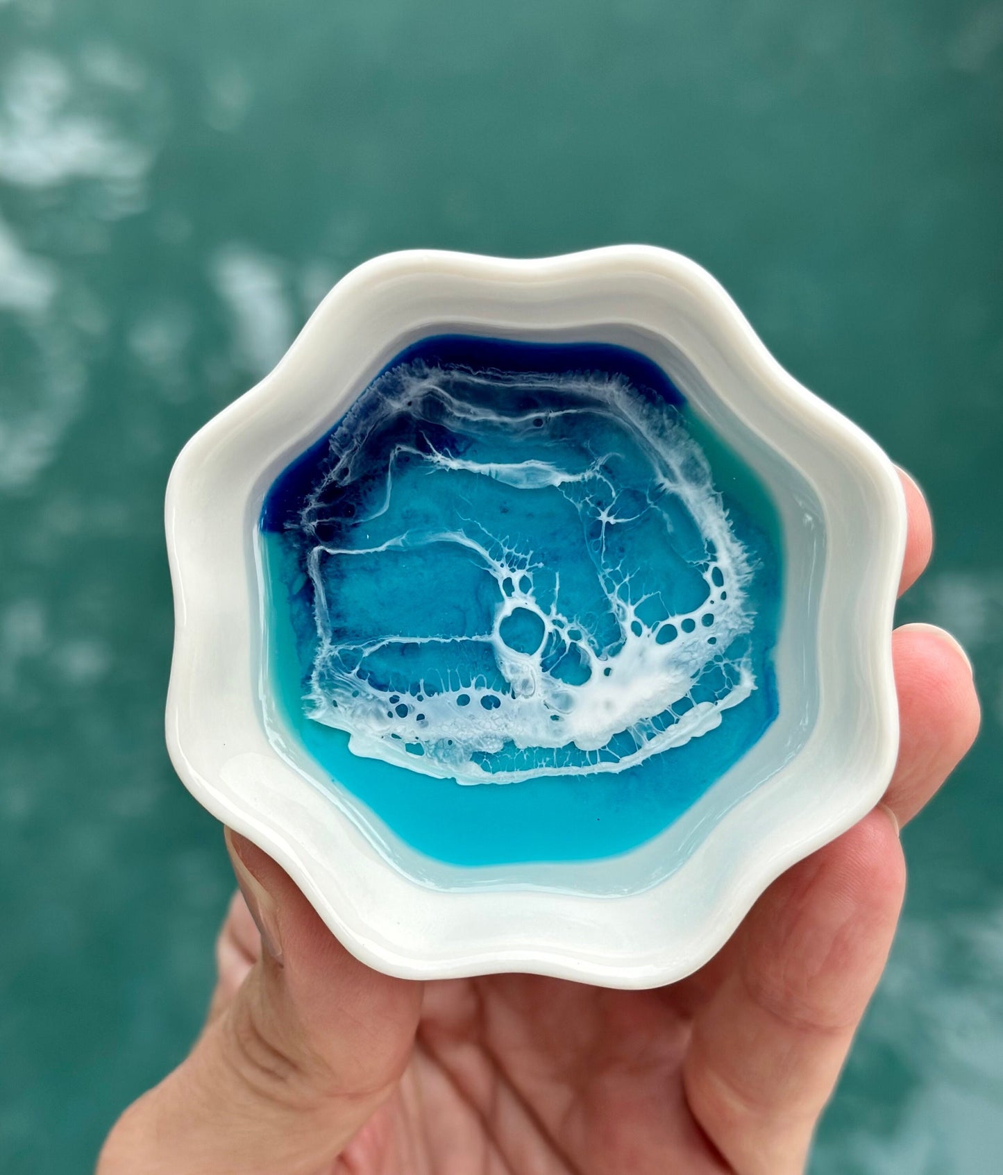Flower Shaped Ceramic Ring Dish with Resin Waves