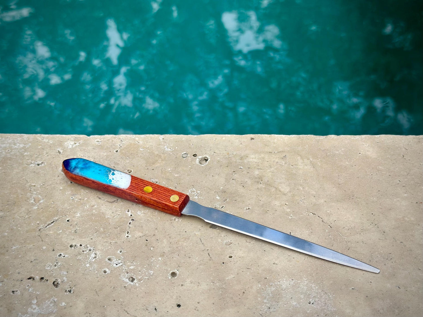 Stainless Steel Letter Opener with Resin Wave Wooden Handle