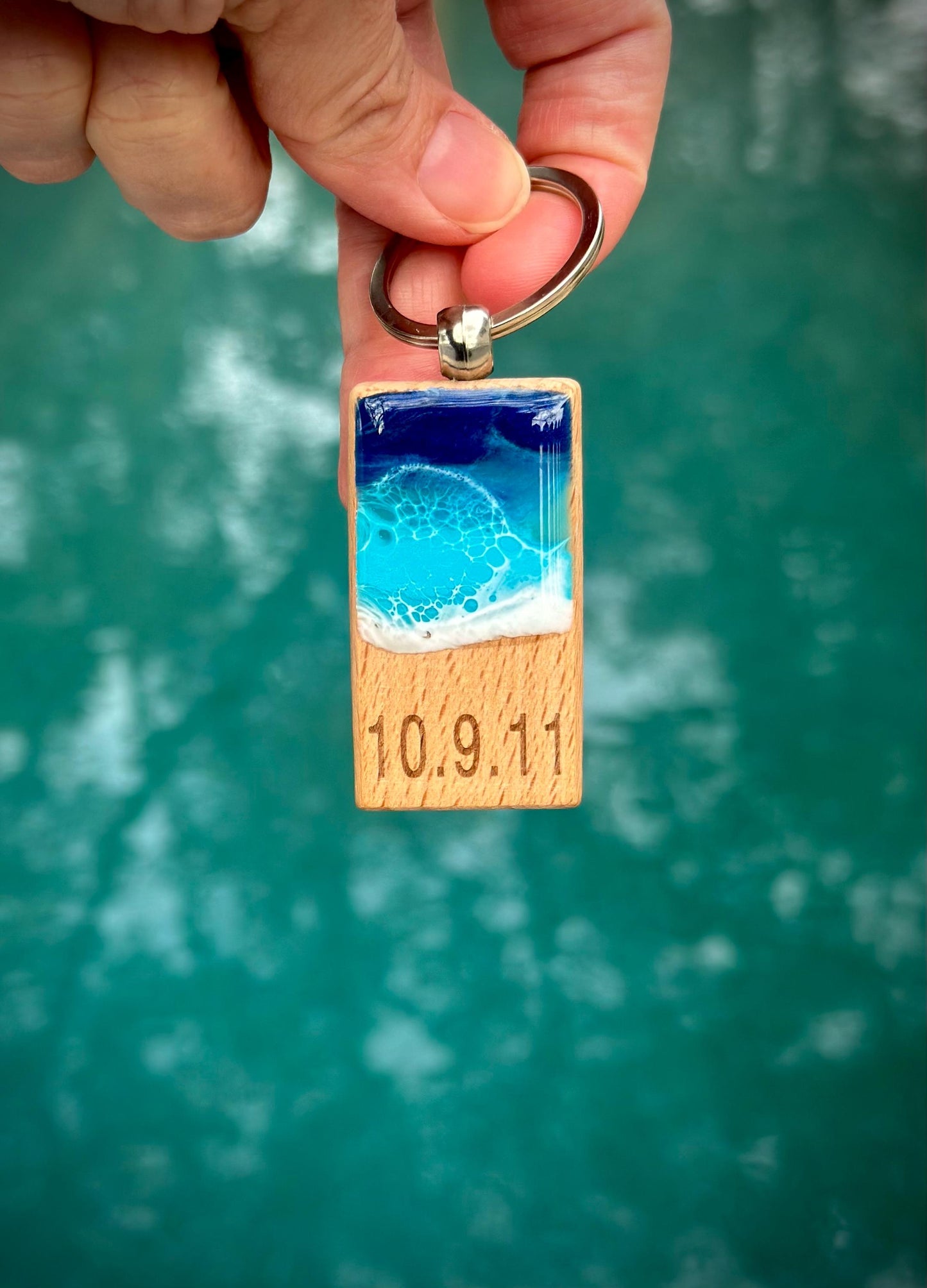 Personalized Wooden Keychain with Resin Waves