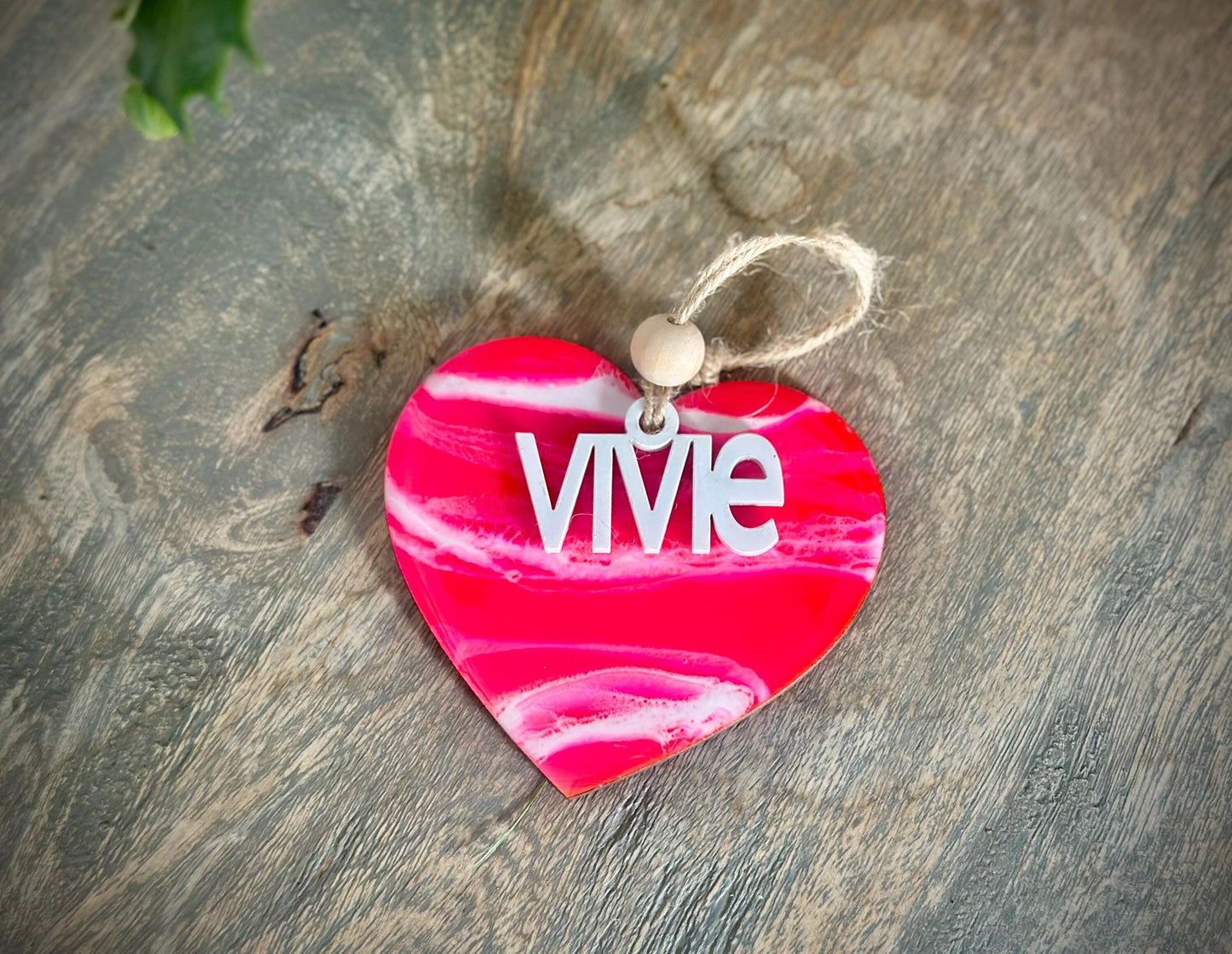 Personalized Valentines Day Basket Tag - Pink Resin Heart Tag with Name - Epoxy Resin Gift - Beach Inspired Wedding Guest Gift - Heart