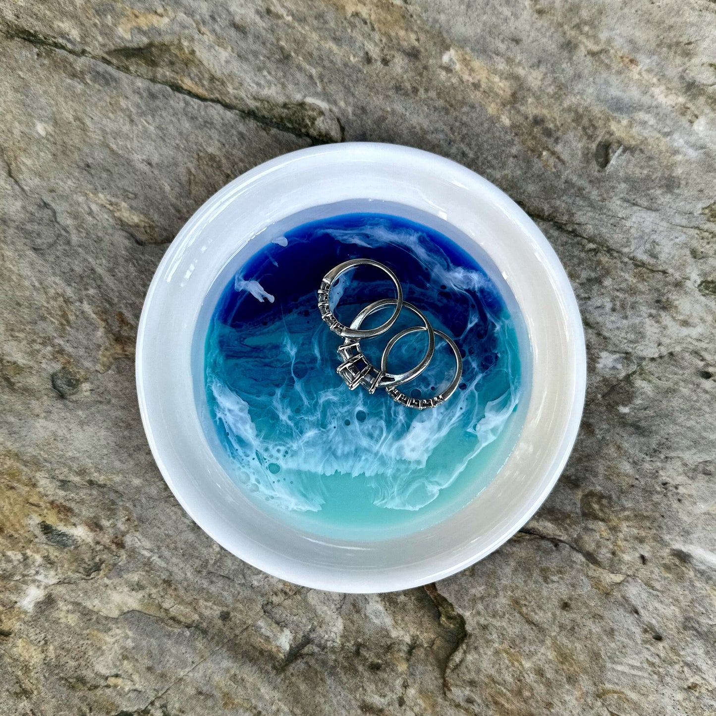 Ocean Inspired Trinket Dish - Ceramic Ring Dish with Resin Waves