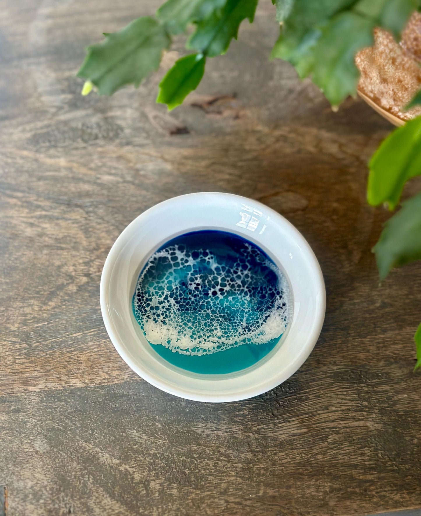 Ocean Inspired Trinket Dish - Ceramic Ring Dish with Resin Waves