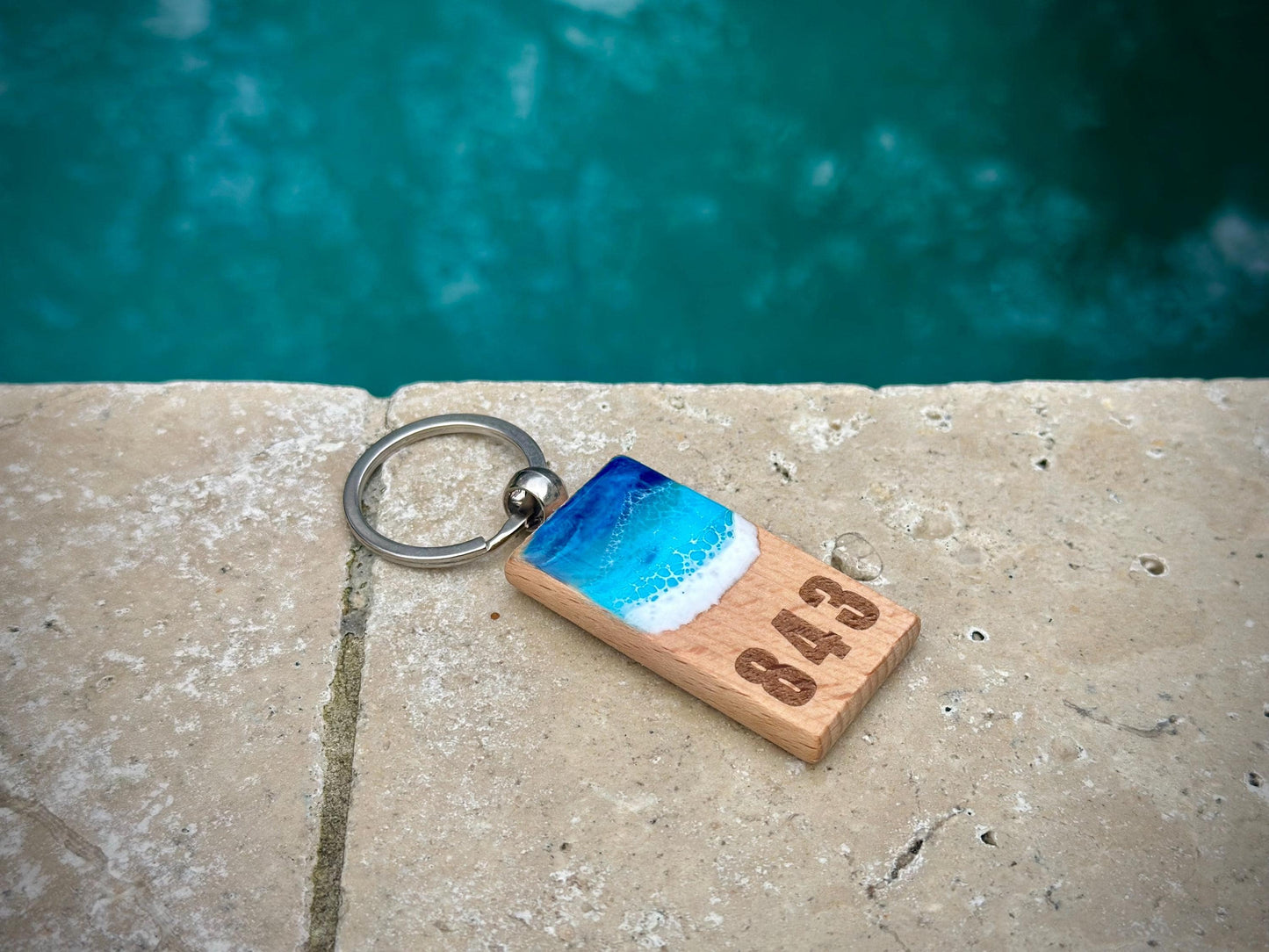 Personalized Wooden Keychain with Resin Waves