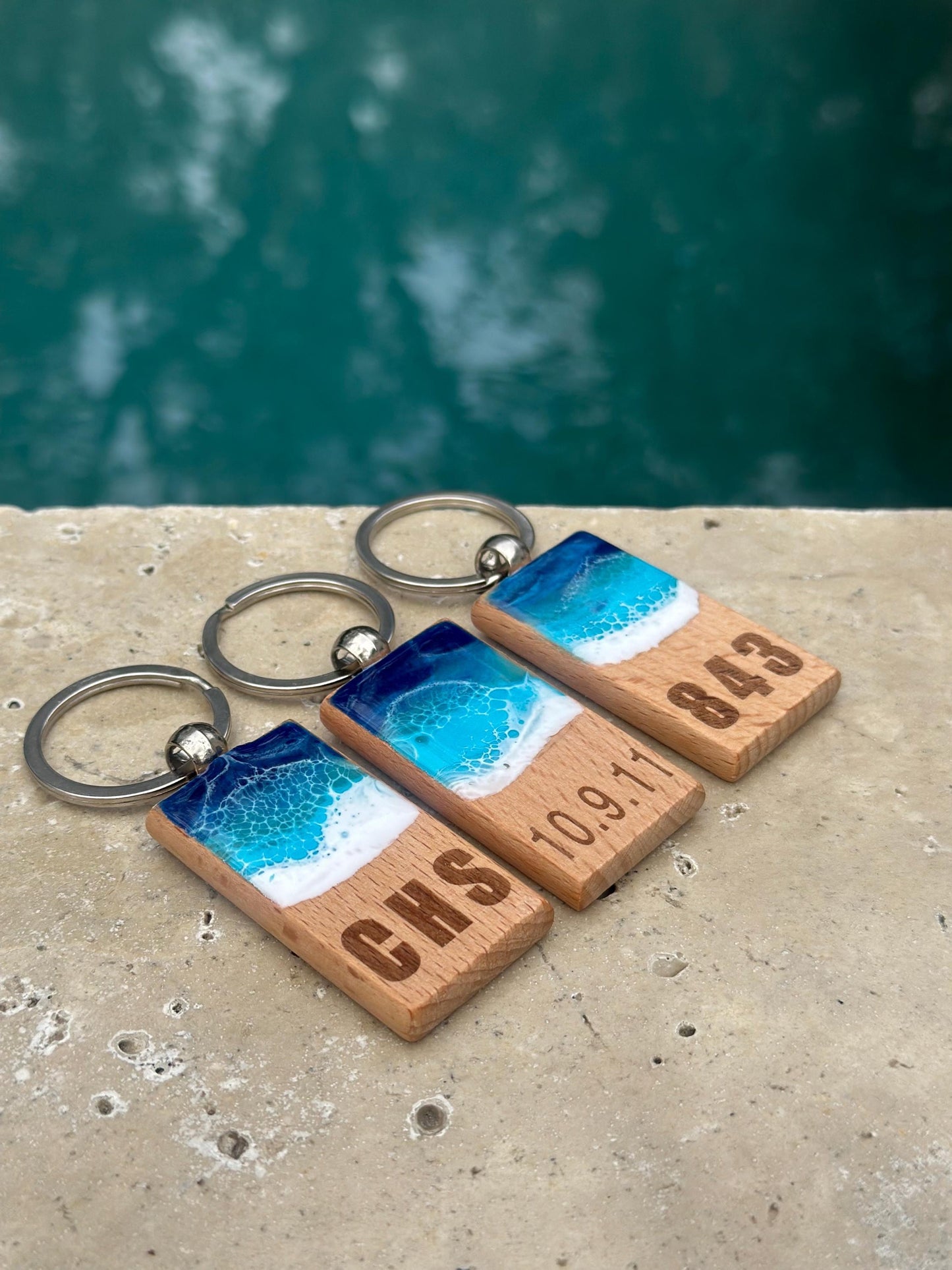 Personalized Wooden Keychain with Resin Waves