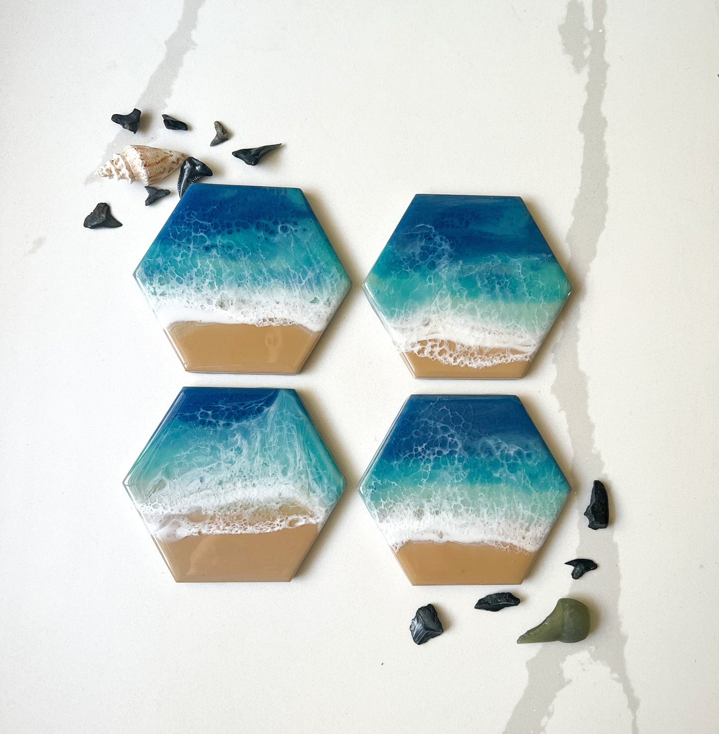 Resin Ocean Waves Ceramic Coasters - Hexagon
