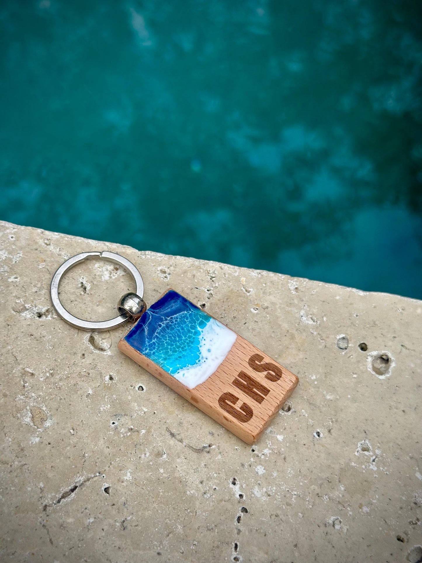 Personalized Wooden Keychain with Resin Waves