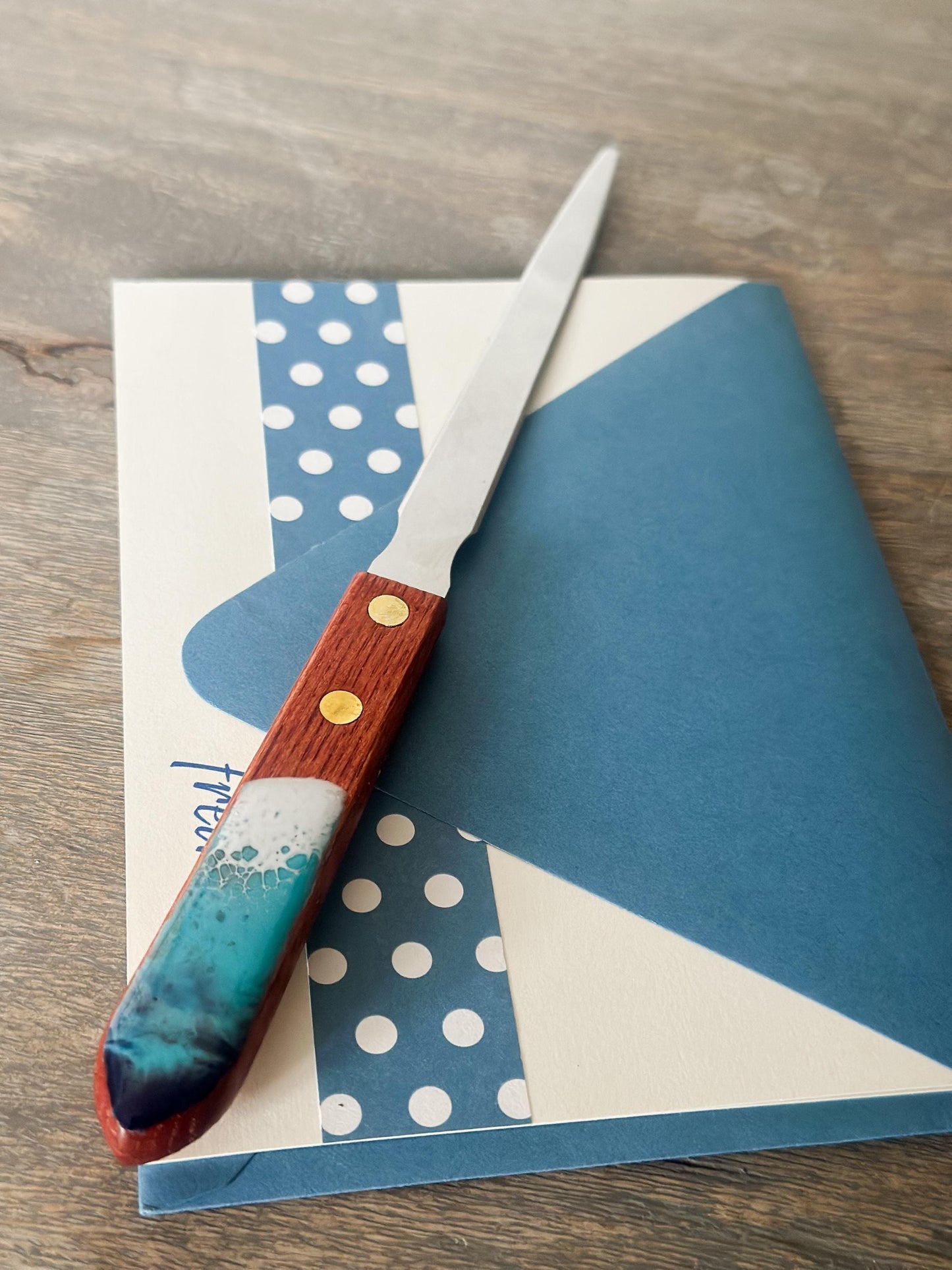 Stainless Steel Letter Opener with Resin Wave Wooden Handle