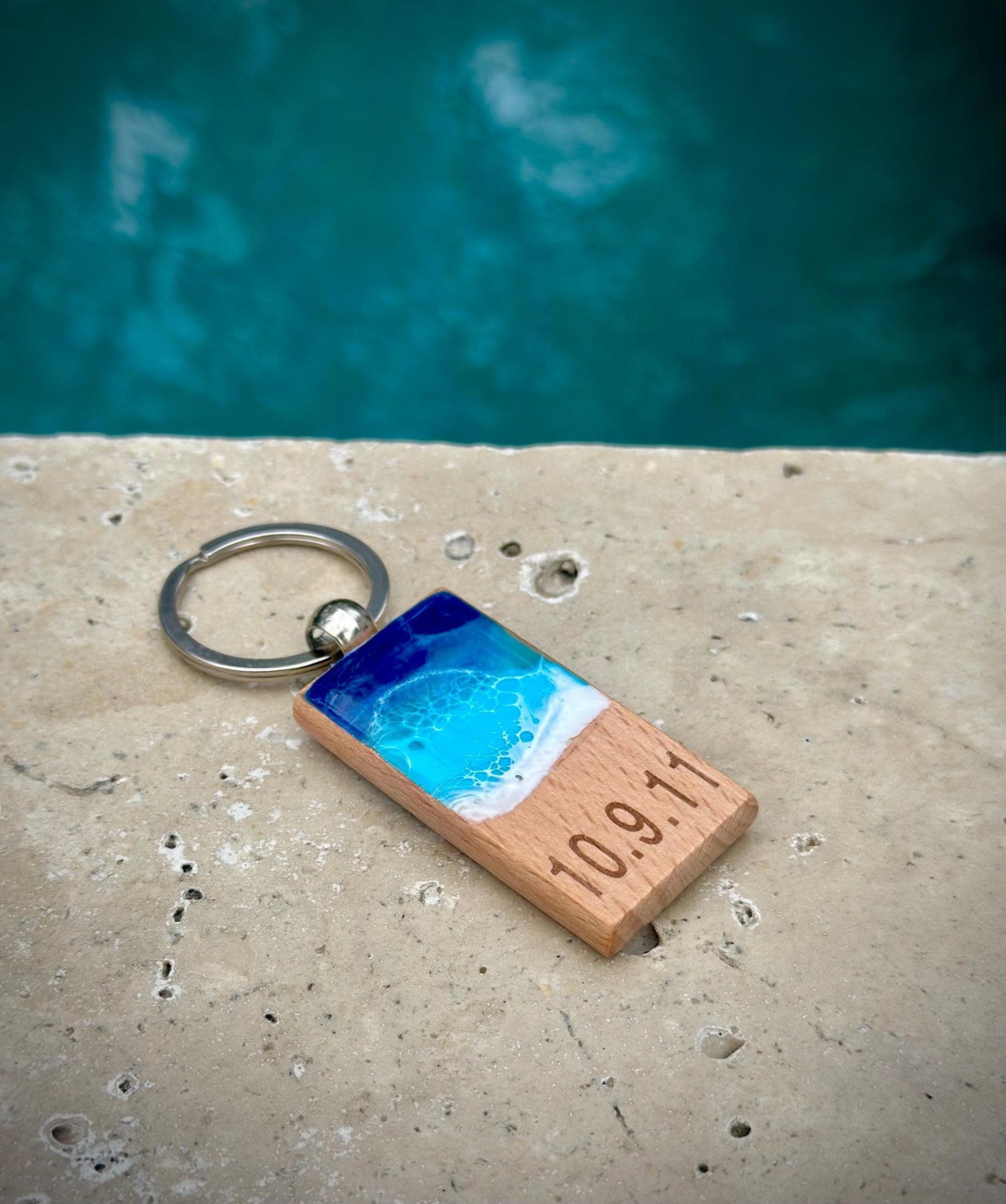 Personalized Wooden Keychain with Resin Waves