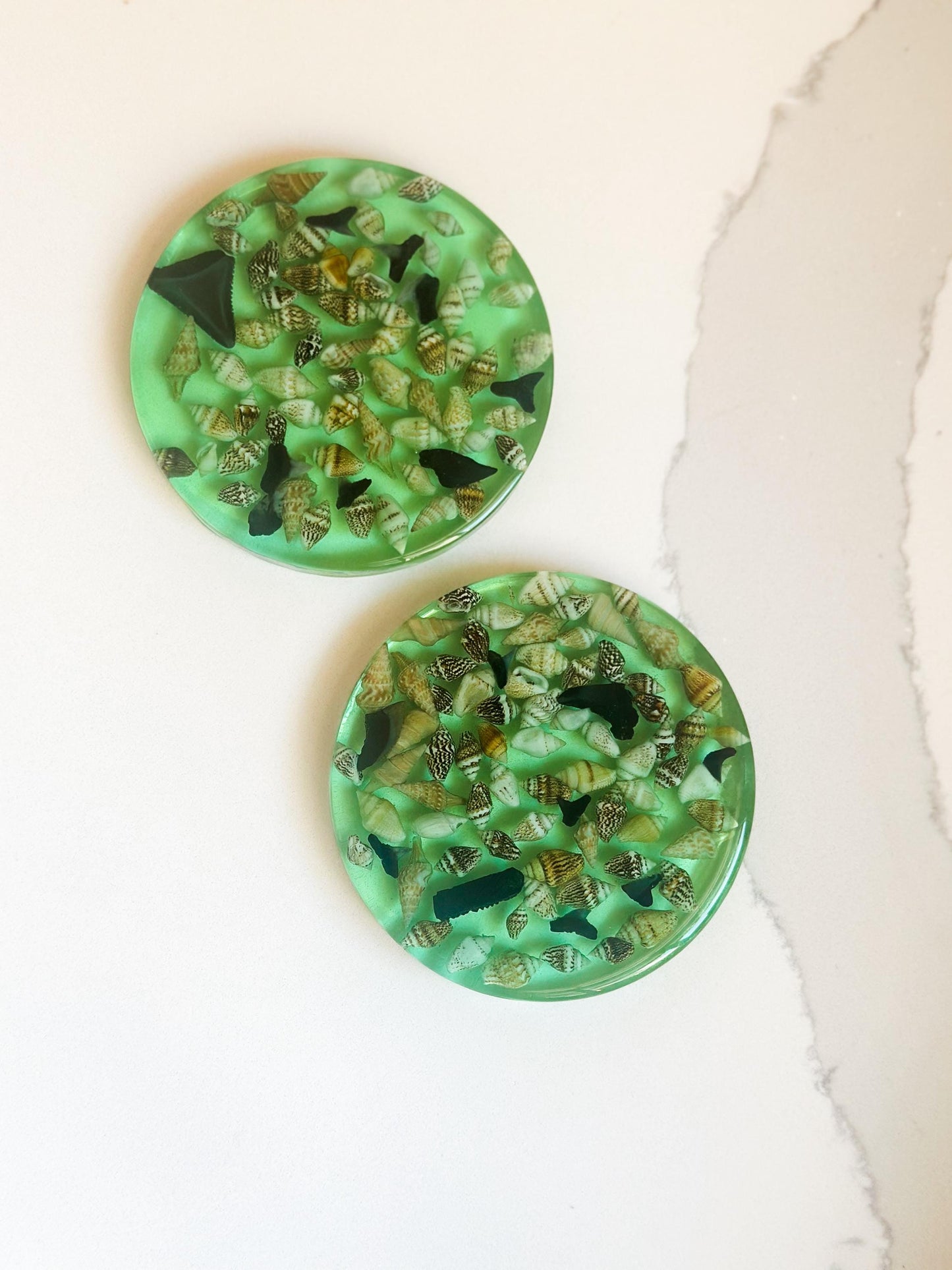 Resin Coaster Set of Two With Shells and Shark teeth- Beach House Decor
