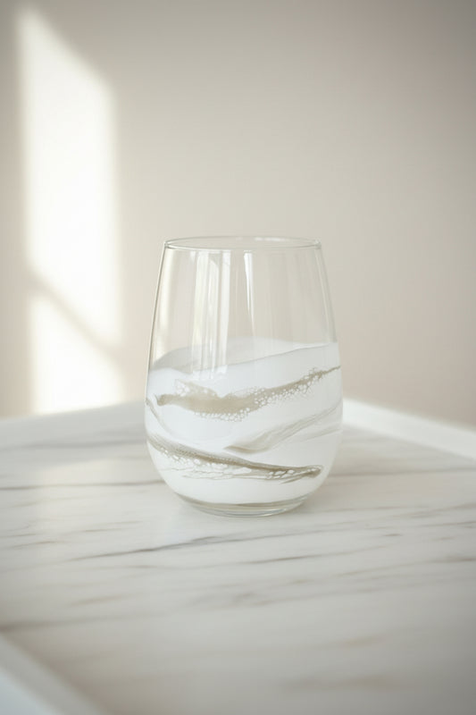 Clear glass with white and gold resin marbled pattern on a light surface