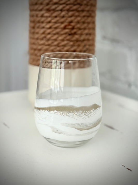 Resin Stemless Wine Glass: White and Gold Beach Design - 17oz