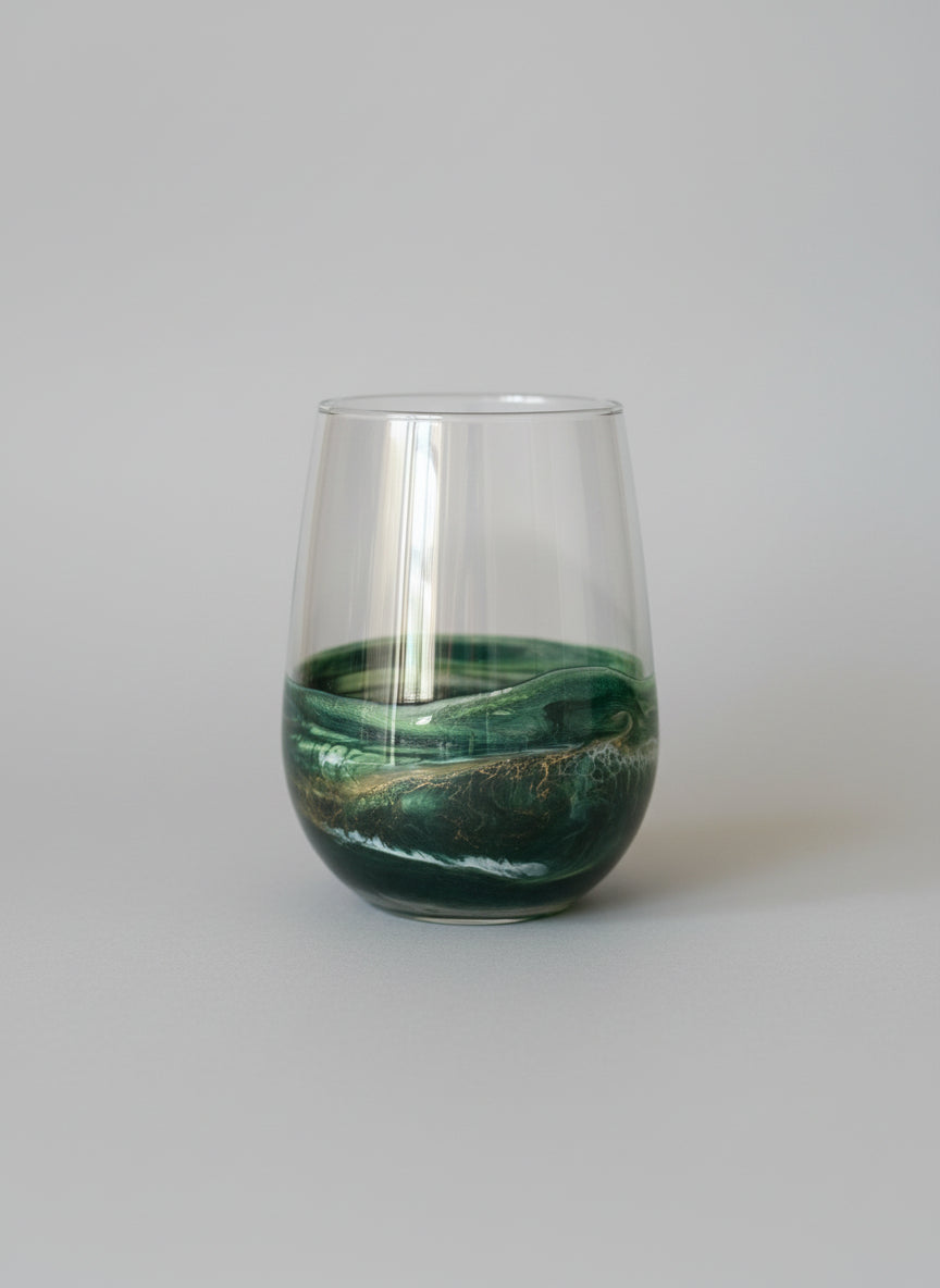 Stemless Wine Glass - Holiday Green Glassware - Gift for Host Wine