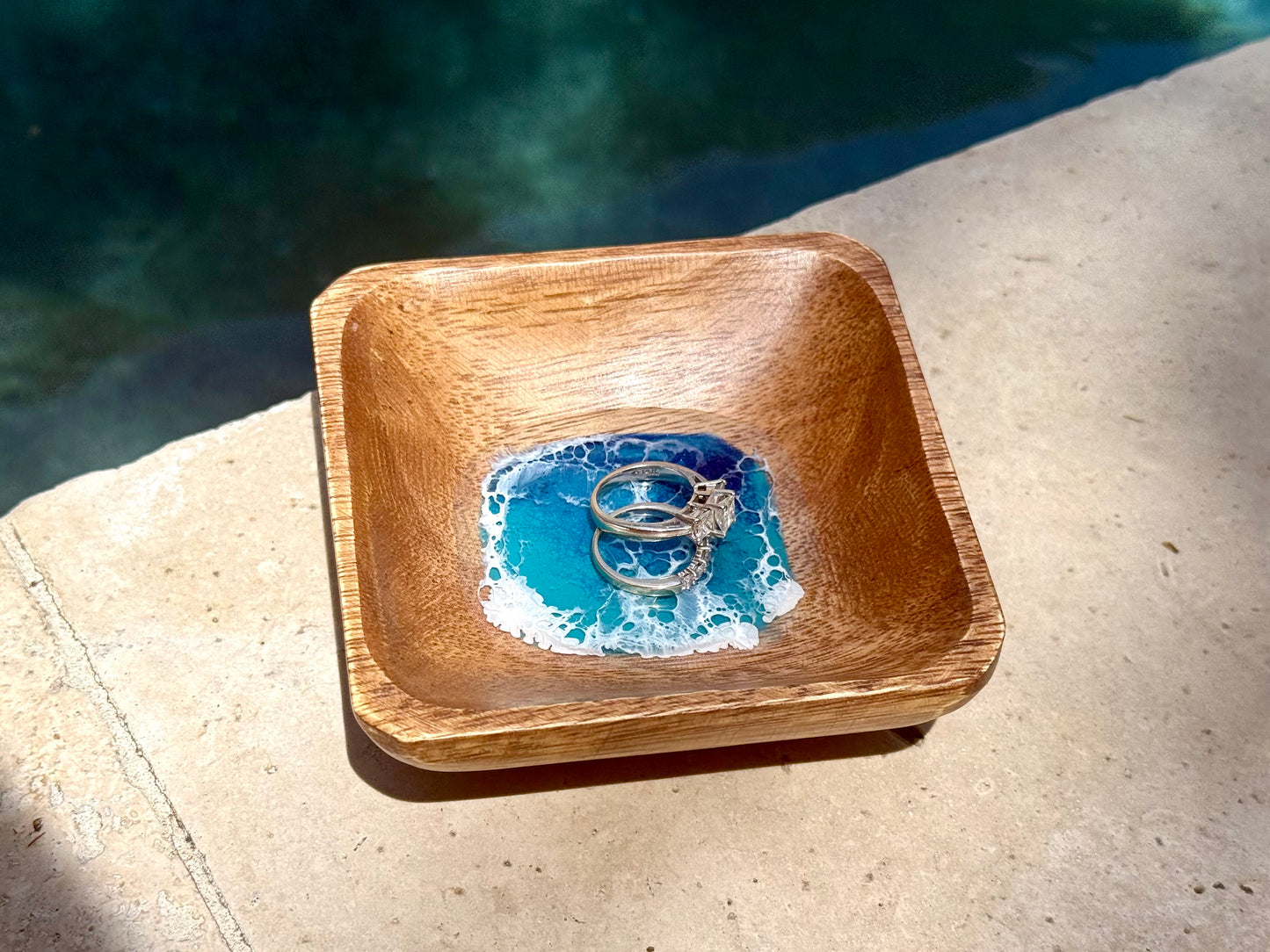 Ocean Resin Wave Oak Jewelry Dish | Minimalist Ring Holder
