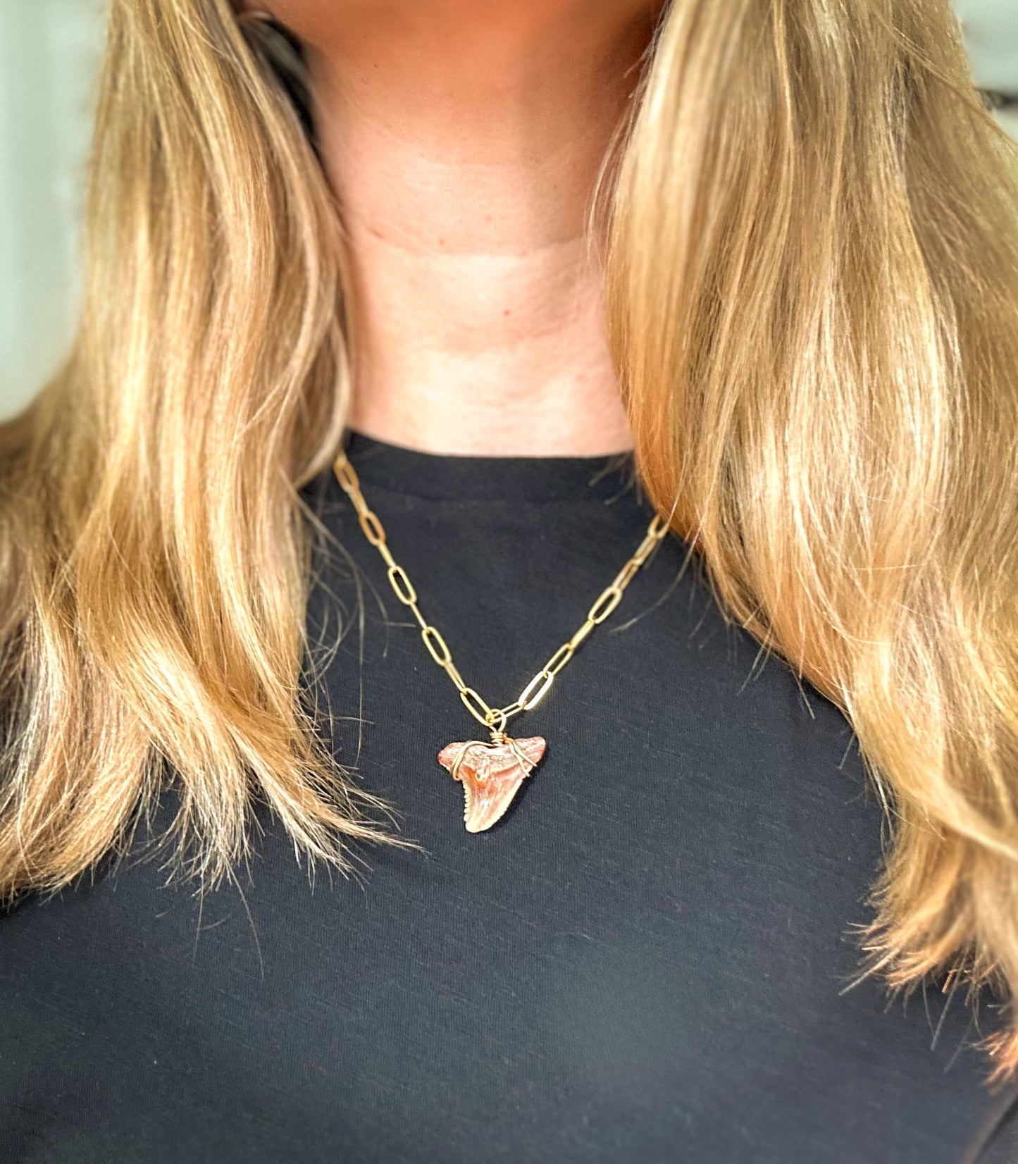 Shark Tooth Necklace - Paperclip Tarnish Resistant Gold Chain