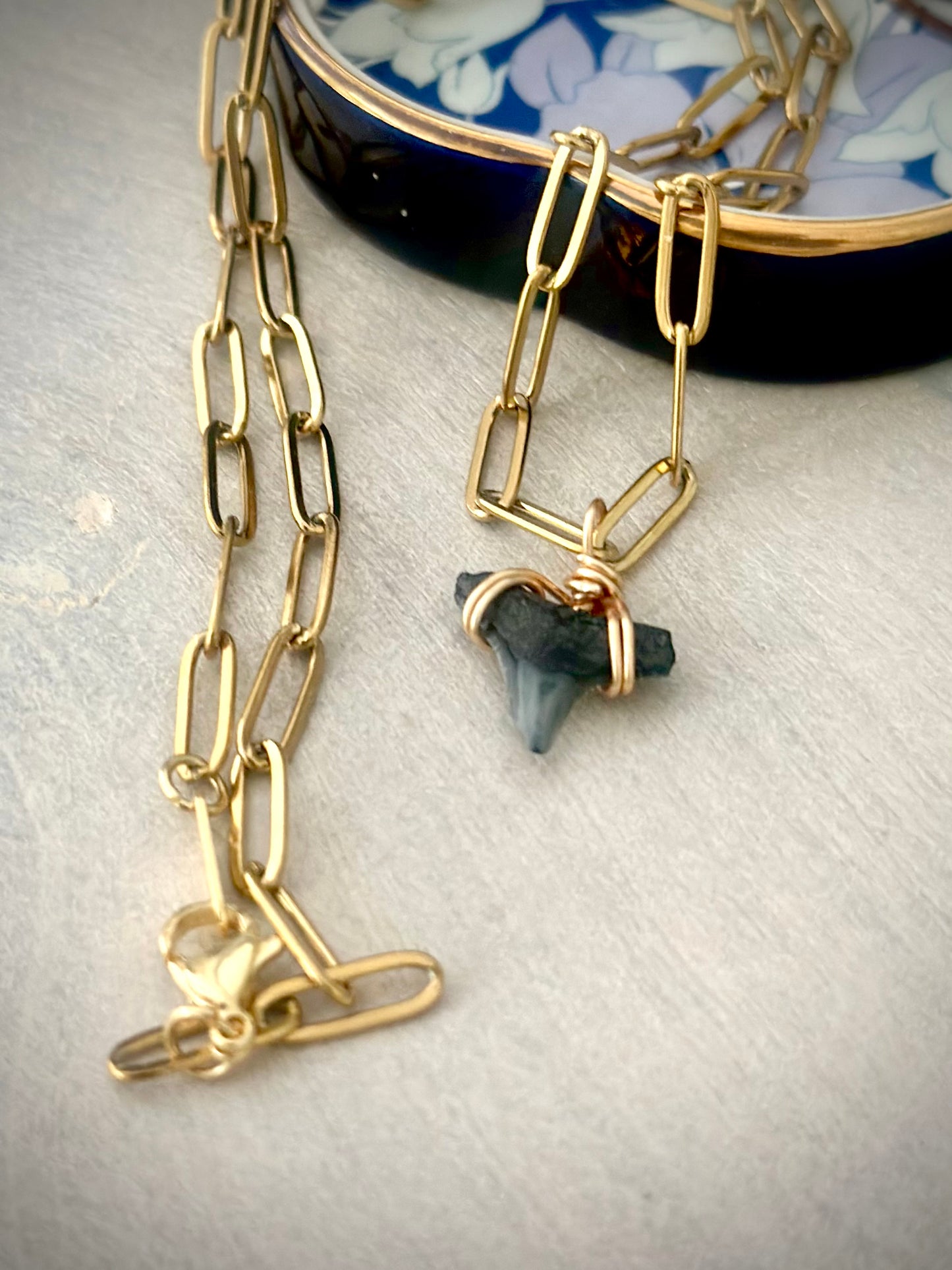 Shark Tooth Necklace - Paperclip Tarnish Resistant Gold Chain