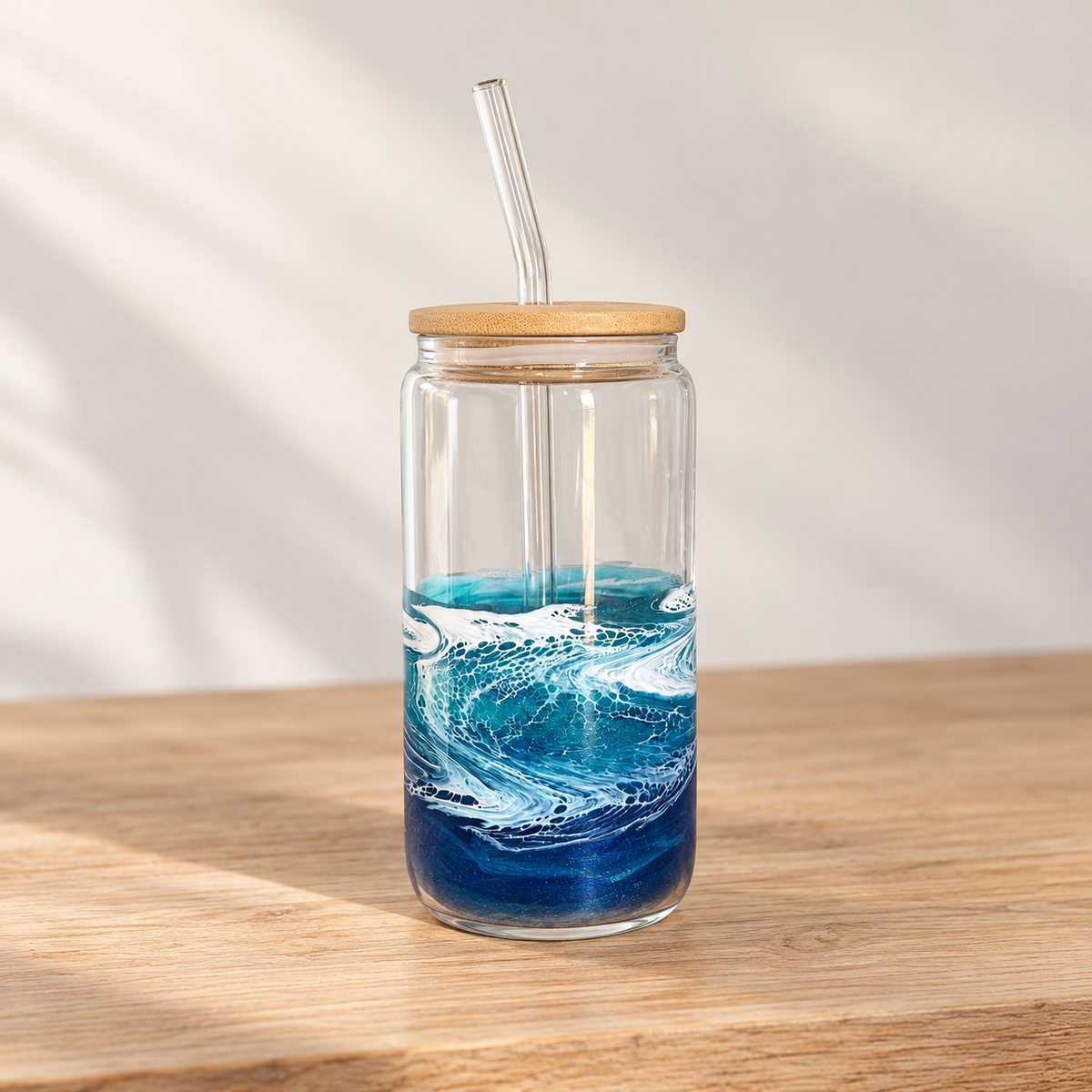 Handcrafted Ocean Wave Glass Tumbler with Bamboo Lid & Straw