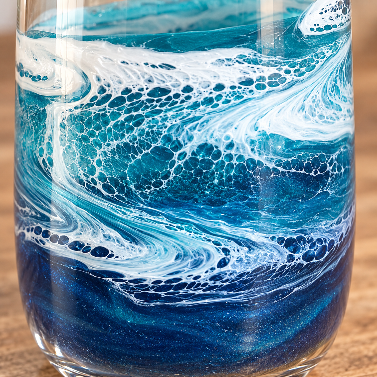 Handcrafted Ocean Wave Glass Tumbler with Bamboo Lid & Straw