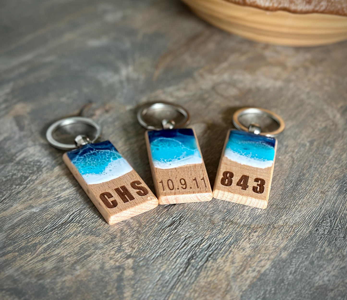 Personalized Wooden Keychain with Resin Waves