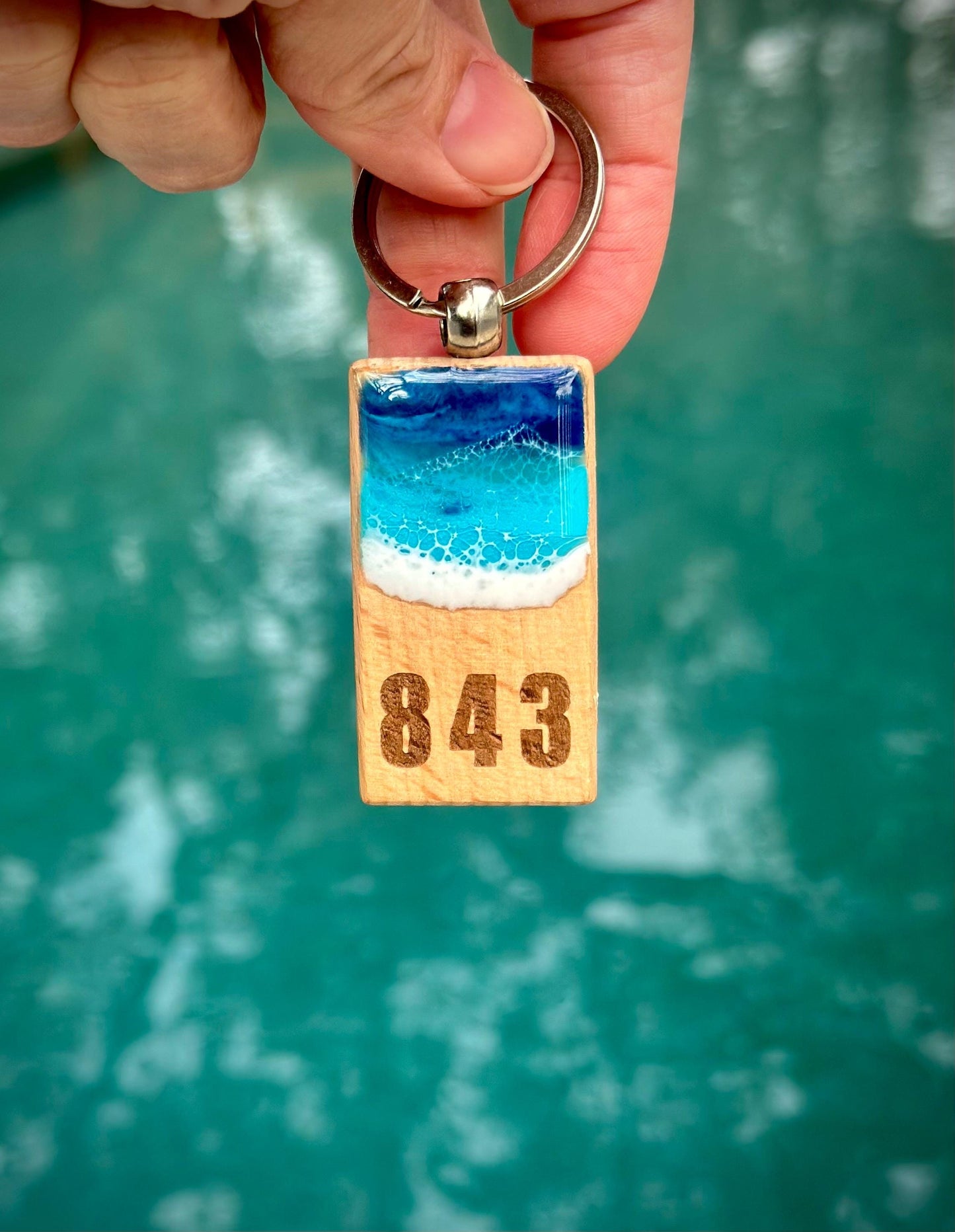 Personalized Wooden Keychain with Resin Waves