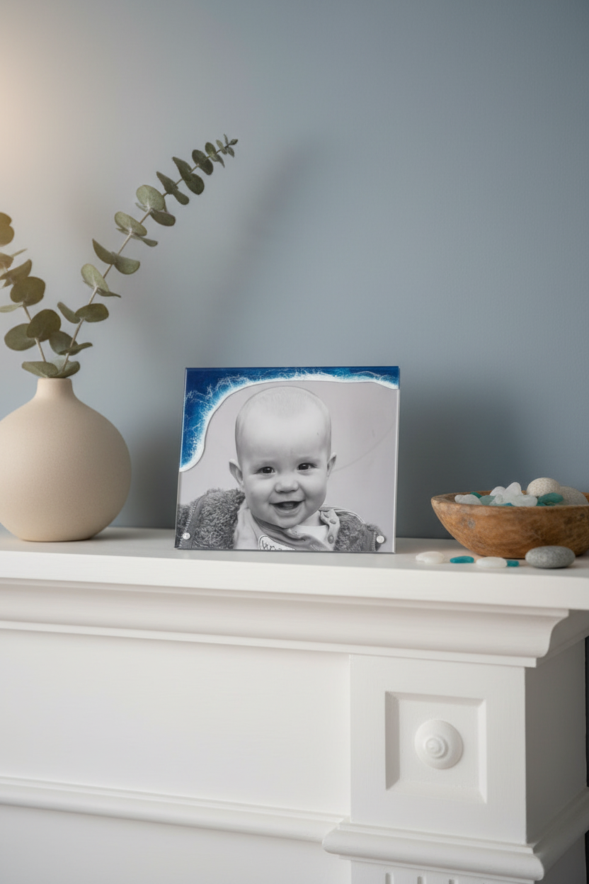Acrylic Resin Wave Frame on Fireplace Mantle