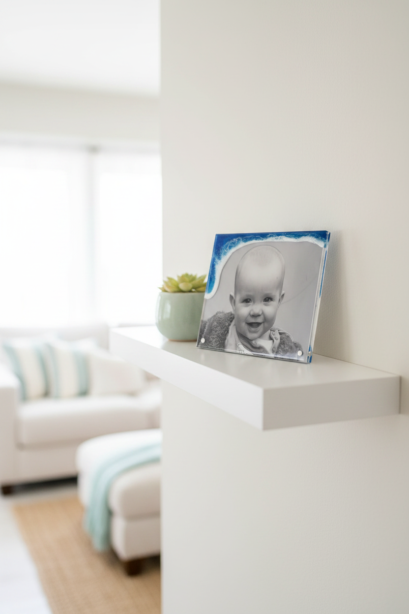 Acrylic Resin Wave Photo Frame - Floating Shelf Lifestyle