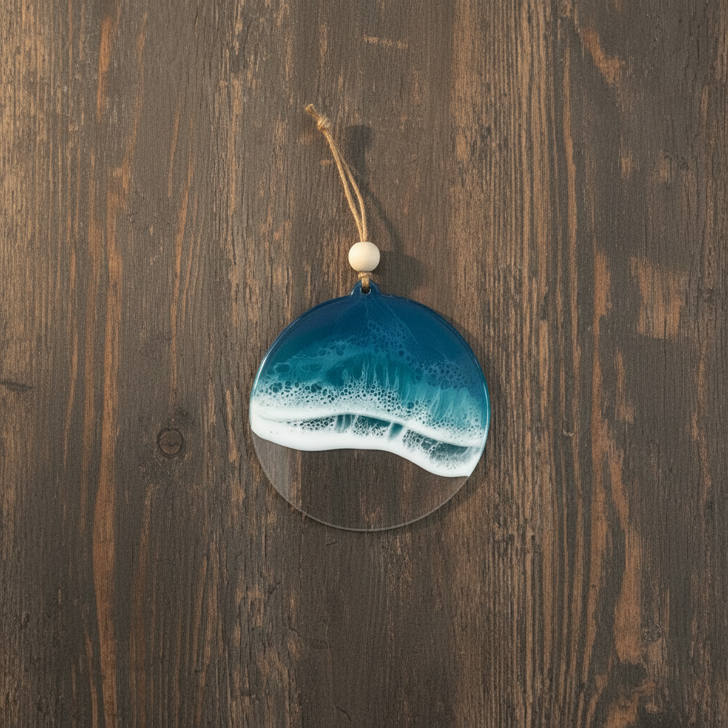 Acrylic Wave Ornament - White Wood Flat Lay